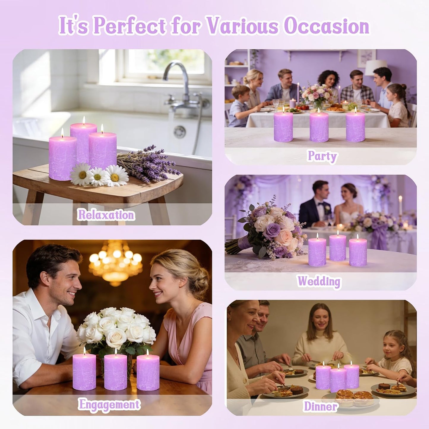 Purple Pillar Candles 3x4 Inch 100% Cotton Core Smokeless Dripless Handmade Lavender Scented 50H+ Long Burning1PC Aromatherapy Candle, Spring Home Decor, Dinner Table, Bathroom, Rustic Decor, Set of 3