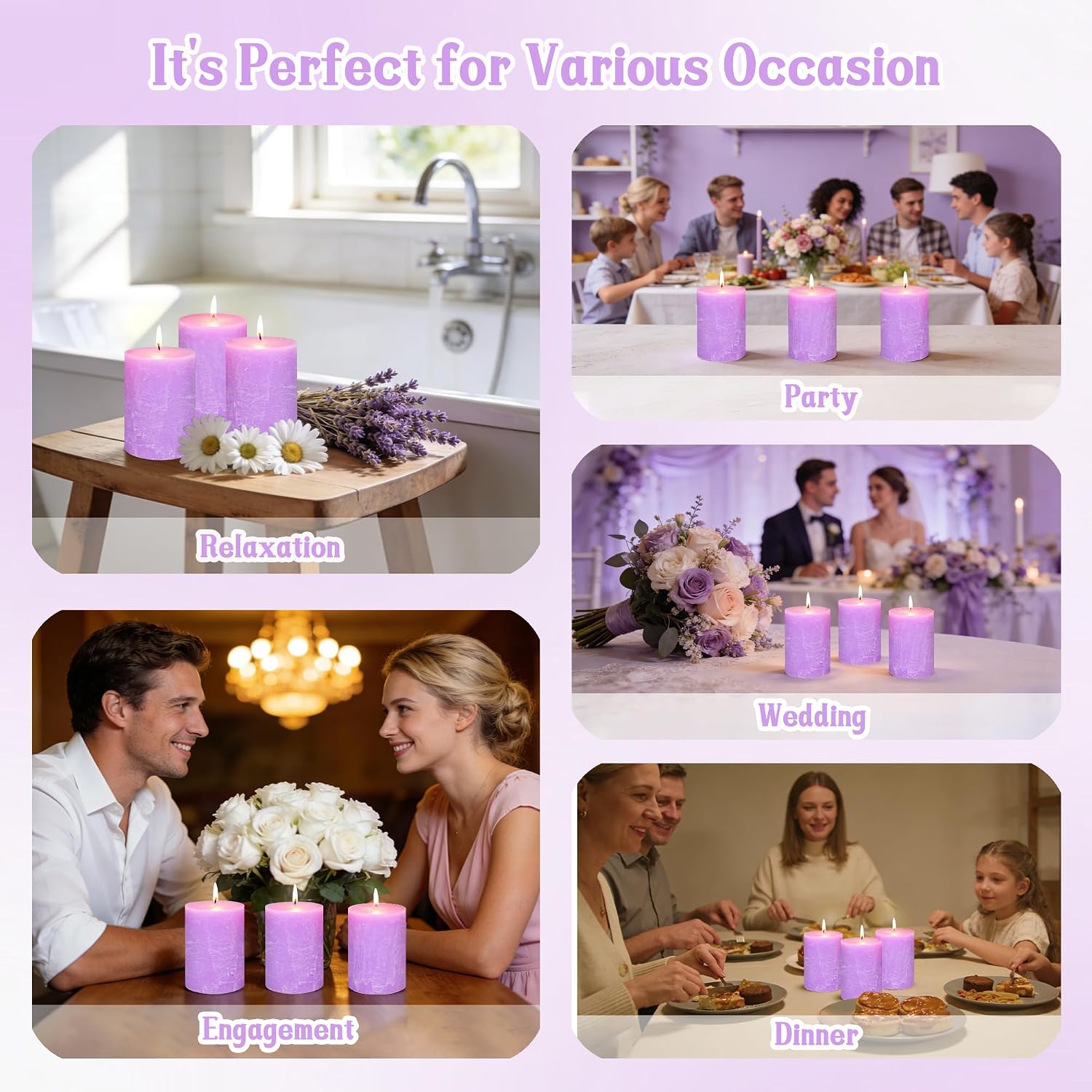 Purple Pillar Candles 3x4 Inch 100% Cotton Core Smokeless Dripless Handmade Lavender Scented 50H+ Long Burning1PC Aromatherapy Candle, Spring Home Decor, Dinner Table, Bathroom, Rustic Decor, Set of 3