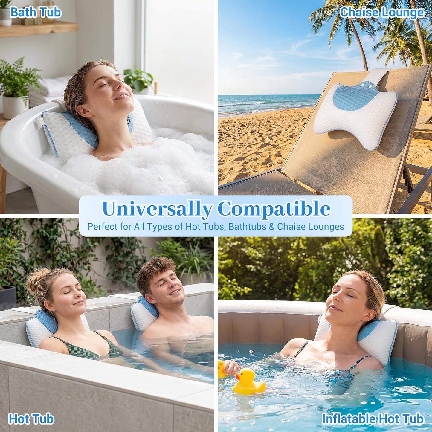 3D Mesh Hot Tub Pillow Headrest Cushion, Adjustable Height with Long Strap & Hook, Quick-Dry Ergonomic Neck Support Pillow, Universal Fit for Spa Bathtub, Chaise Lounge (2-Pack(White&Blue)