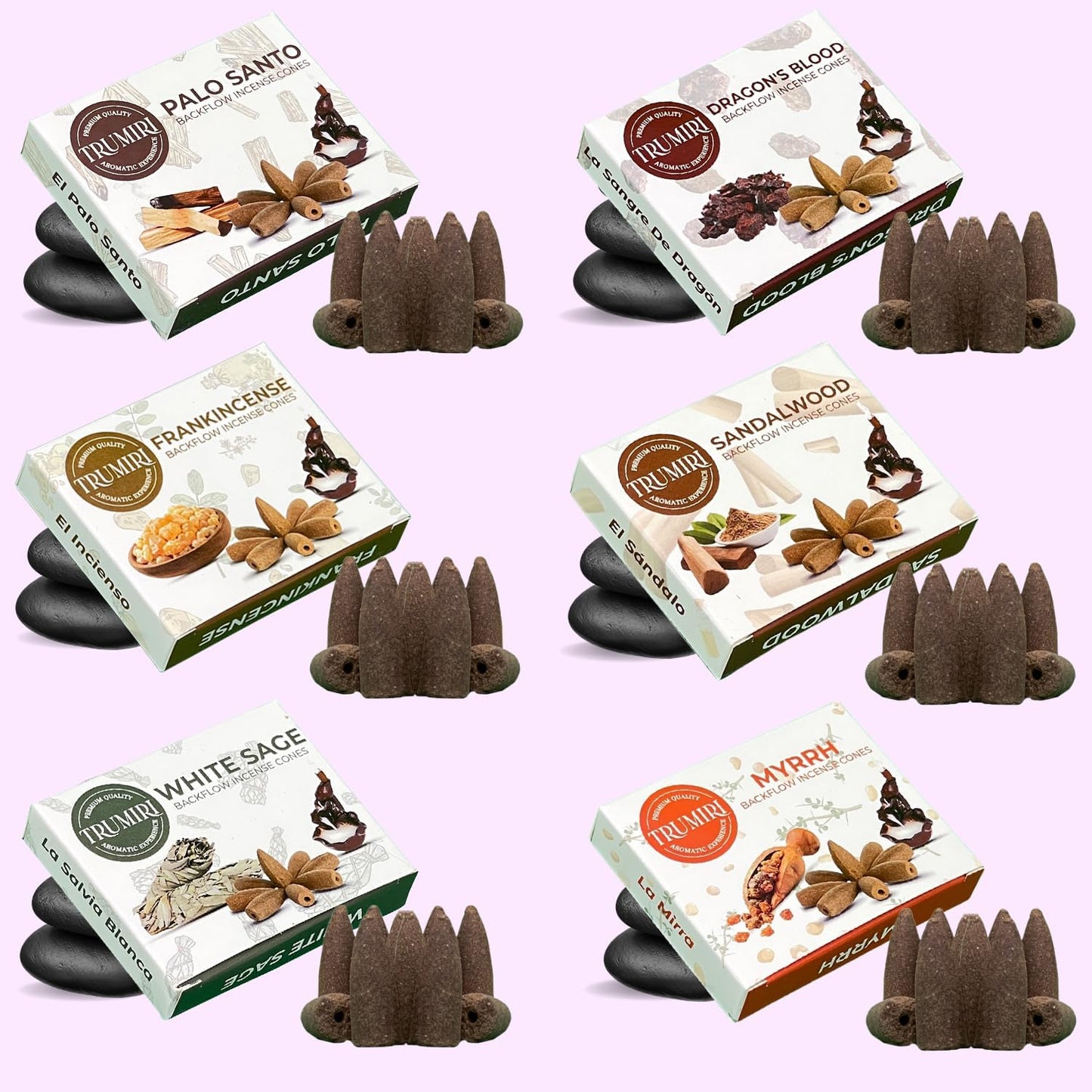 Woody - Backflow Incense Cones for Waterfall - Scented Inscents-Cones - Sandalwood, Dragons Blood, Palo Santo, White Sage - Insiensos Aromaticos - 6x10=60 Large Variety Pack - Back Flow Down Reverse