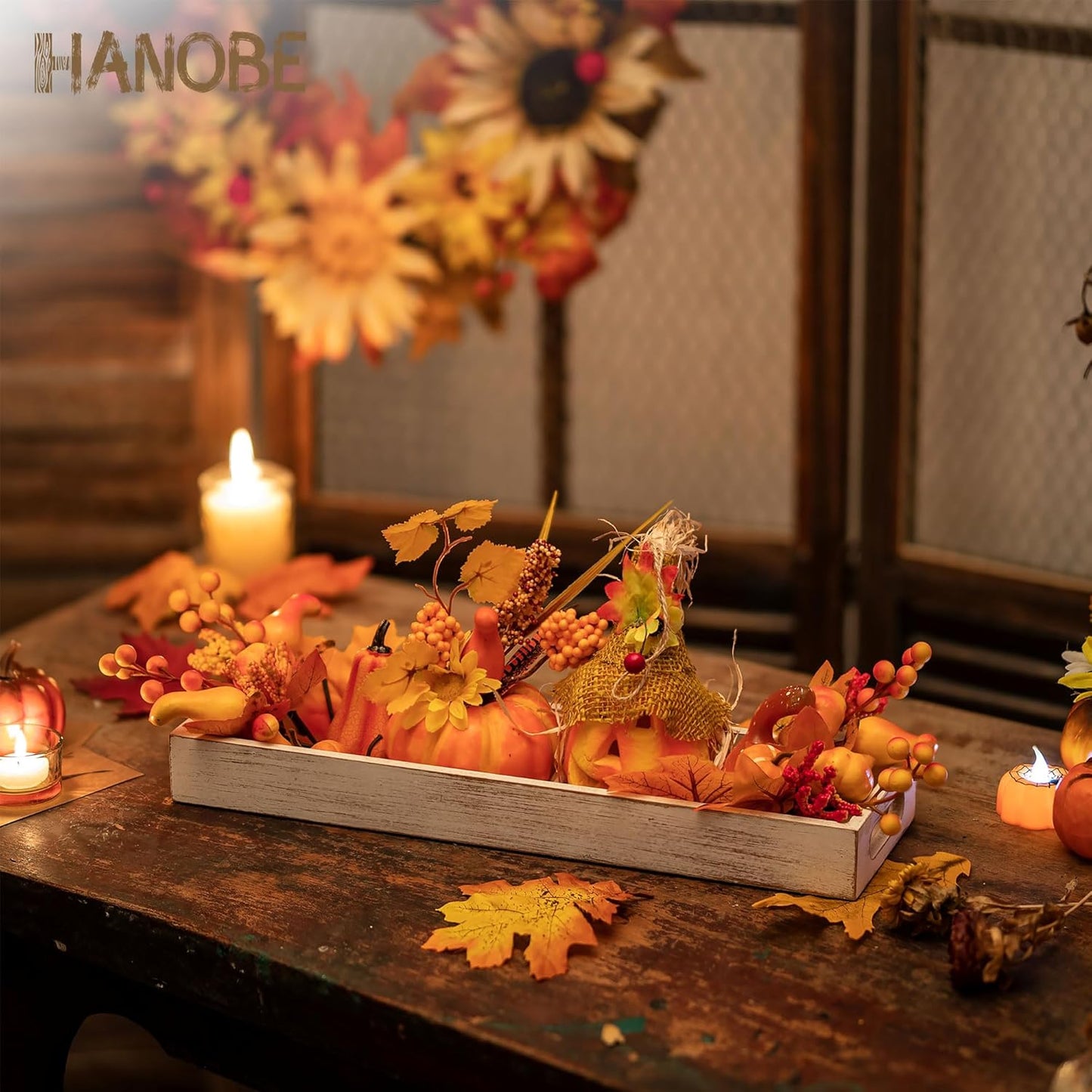 Hanobe Decorative Wooden ServingTray: Rustic Long Narrow Centerpiece Farmhouse Wood Candle Holder Trays with Cutout Handles Rectangular Coffee Table Tray for Living Room Kitchen Home Decor, White