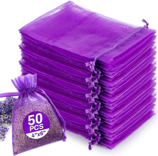 Sukh 50 Lavender Sachet Bags Empty - 4"X6" Purple Organza Potpourri Bags