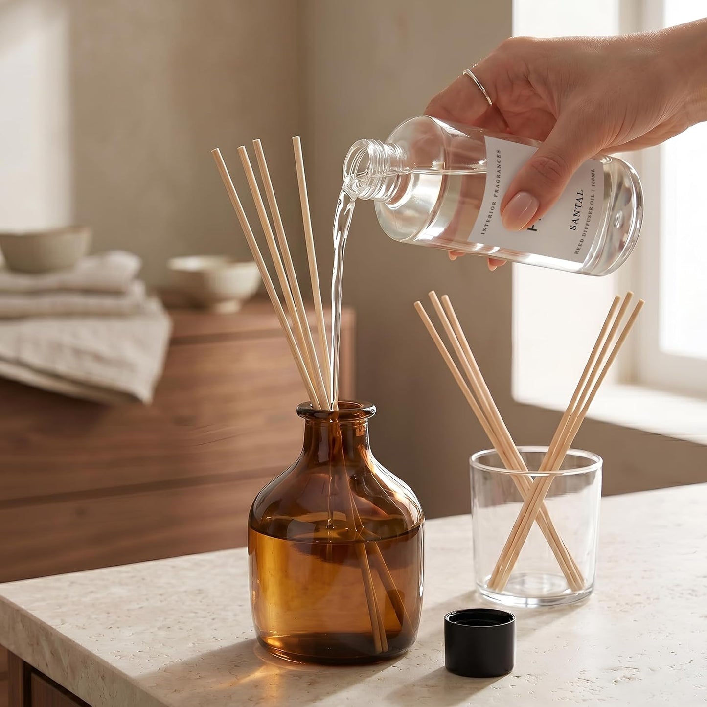 Santal Reed Diffuser Oil Refill 100ml, 3.38 oz, Luxury Home Fragrance with Warm Musk & Wood Notes, Long Lasting Aroma Inspired by 1 Hotels Miami, for Bedroom & Bathroom