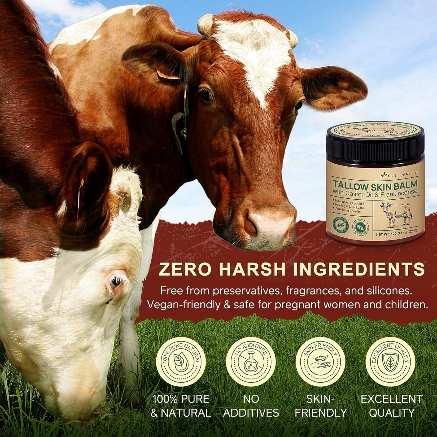 Handmade Tallow, Organic Castor Oil, and Frankincense Oil Face Balm, 100% Grass-Fed Tallow for Skin Care, Face & Body Moisturizer for Sensitive Skin & Dry Skin Age Defying, Natural Lotion