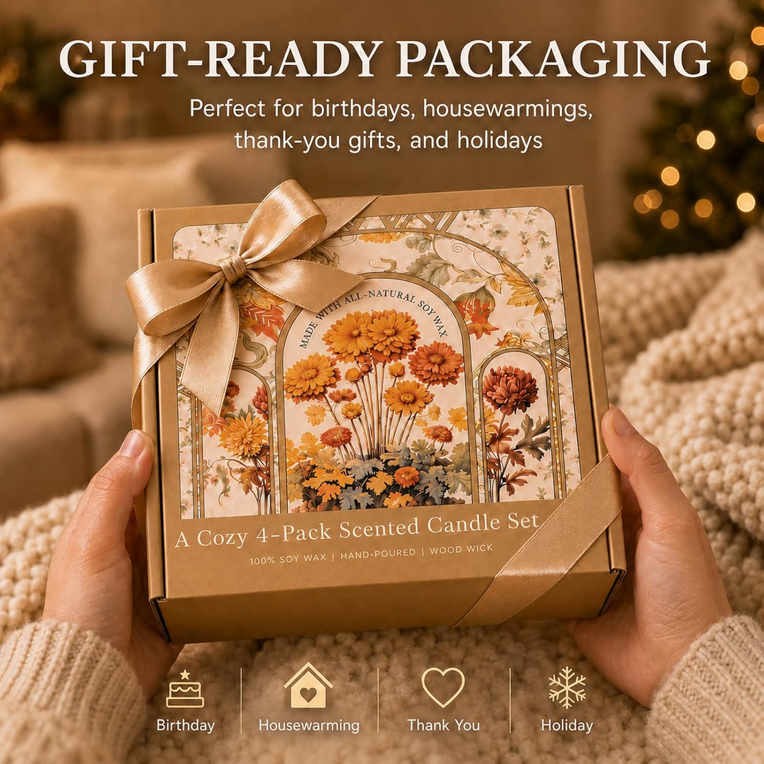Wood Wick Candles Gift Set, 4 Pack 28 oz Scented Soy Candles, Crackling Wooden Wicks, Amber Glass Jars for Home, Birthday and Housewarming Gifts for Women and Men