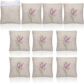 SATINIOR 10 Pack 6x6 Inch Embroidered Lavender Sachet Bags Sachet Empty Bags with Hook and Loop Fasteners Cotton Linen Mini Fabric Pouch for DIY Craft Filling Spice Jewelry Wedding Gift