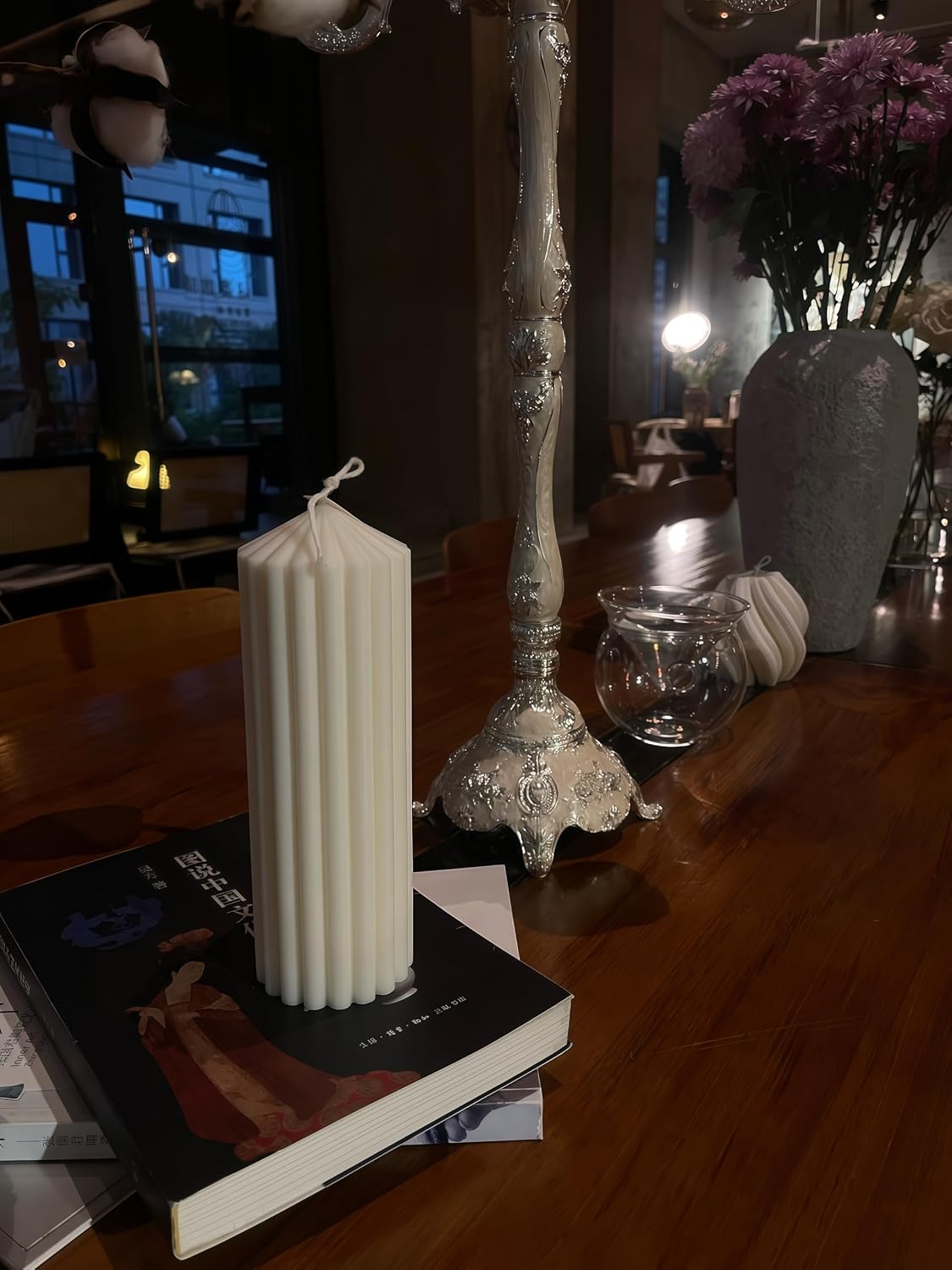 Ribbed Peak Pillar Candle- Large Handmade Scented Soy Wax Candle with Elegant Bubble Aesthetic， Housewarming Gift, Shelf & Coffee Table Centerpiece, White (Medium)