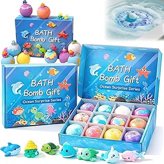 Bath Bombs for Kids with Toys Inside, 12 PCS Kids Bath Bombs with Ocean Theme Surprise Inside, Natrual and Organic Bubble Fun Scented Bath Fizzies Gift Set for Boys & Girls (sea)