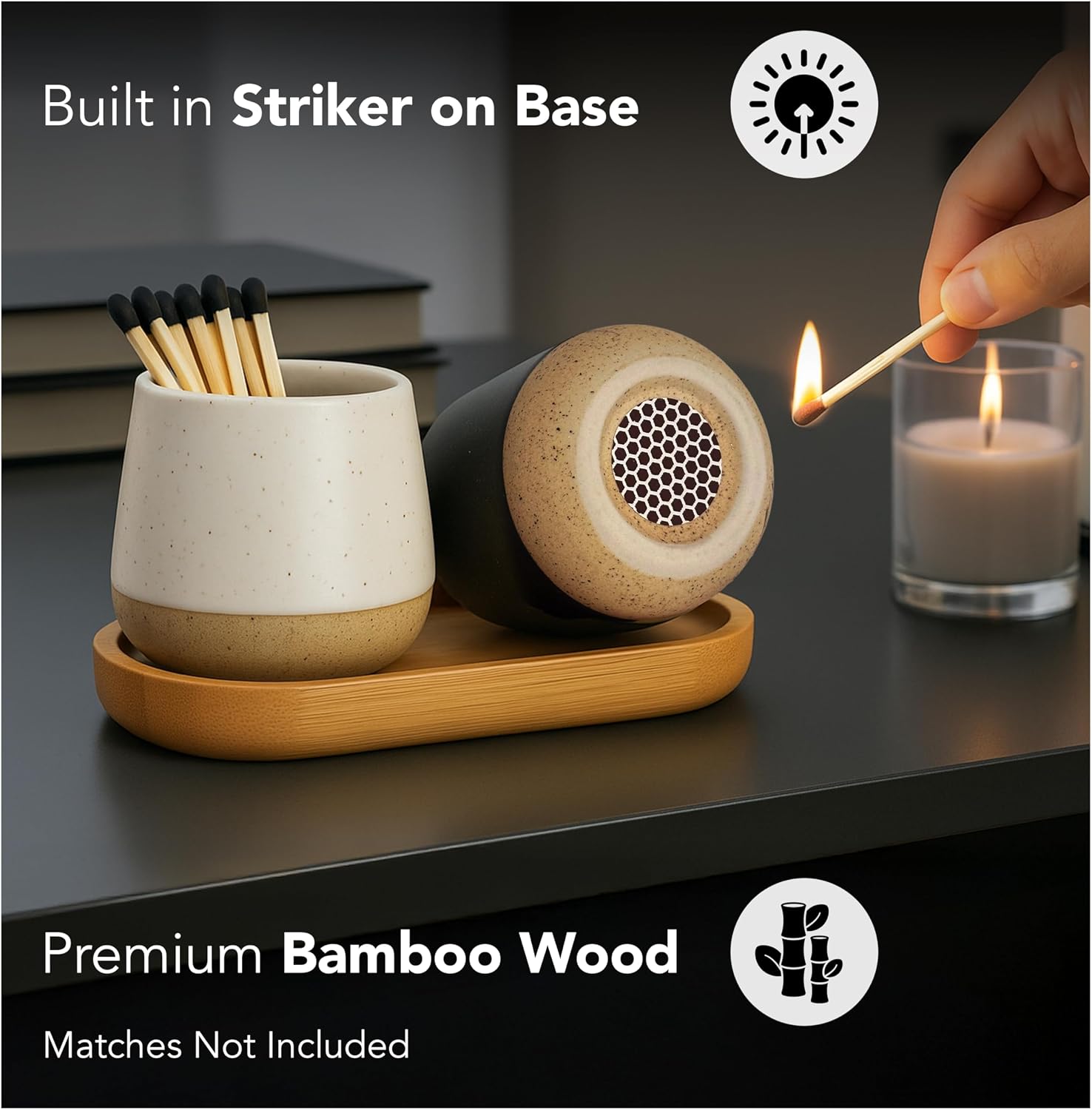 Set of 2 Ceramic Match Holders with Built-in Strikers and Wooden Tray - Modern Decorative Jar for Matches - Stylish Storage for Candles, Fireplaces, Jewelry *Matches not included*
