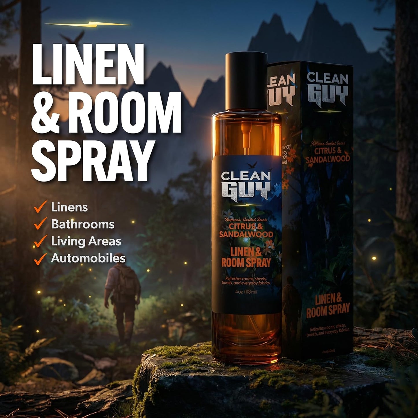 Room Spray for Men, Air Freshener Odor Eliminator– Masculine Home Fragrance & Linen Spray with Essential Oils – Long Lasting Room Deodorizer for Bathroom & Bedroom (4oz, Citrus & Sandalwood)