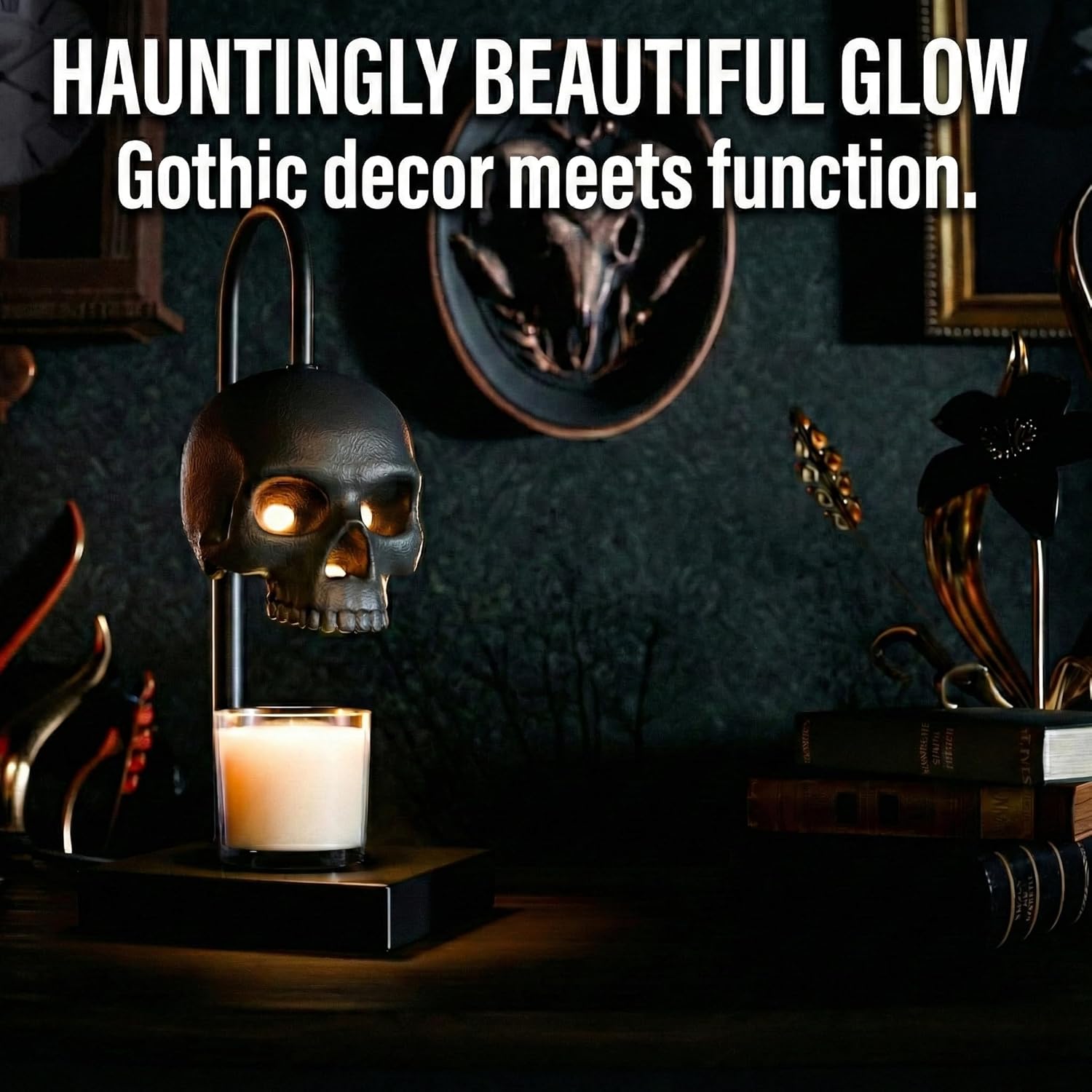 Skull Candle Warmer Lamp with Timer and Dimmer *Candles NOT Included – Black Gothic Candle Lamp Warmer w/ Adjustable Height, 2 Light Bulbs – Skull Decor, Goth Gothic Decor Spooky Home & Witchy Gifts