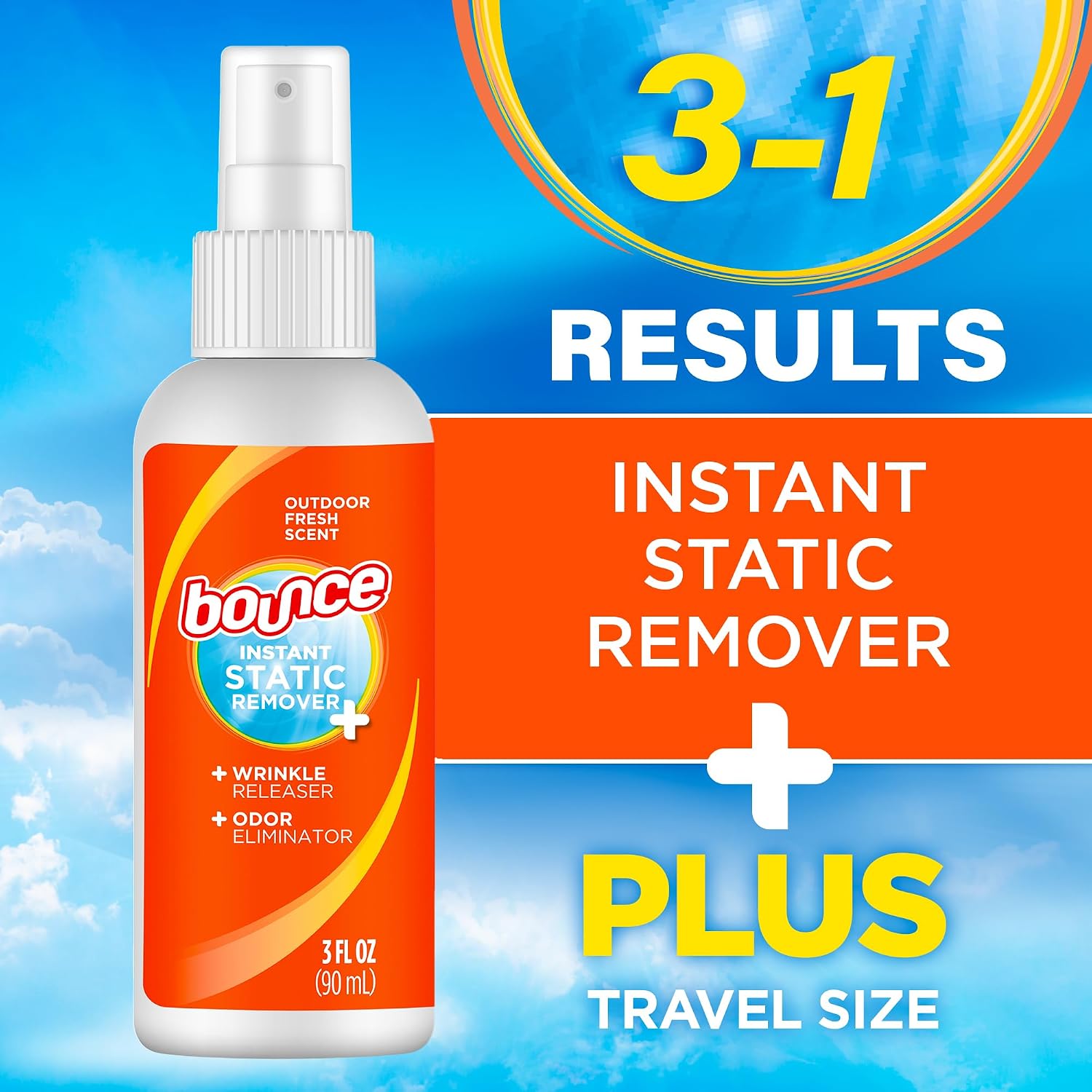 Bounce Anti Static Spray, 3 in 1 Instant Anti Static Spray & Instant Wrinkle Release, Odor Eliminator & Fabric Refresher, Travel Size (3 Oz,Pack of 3)