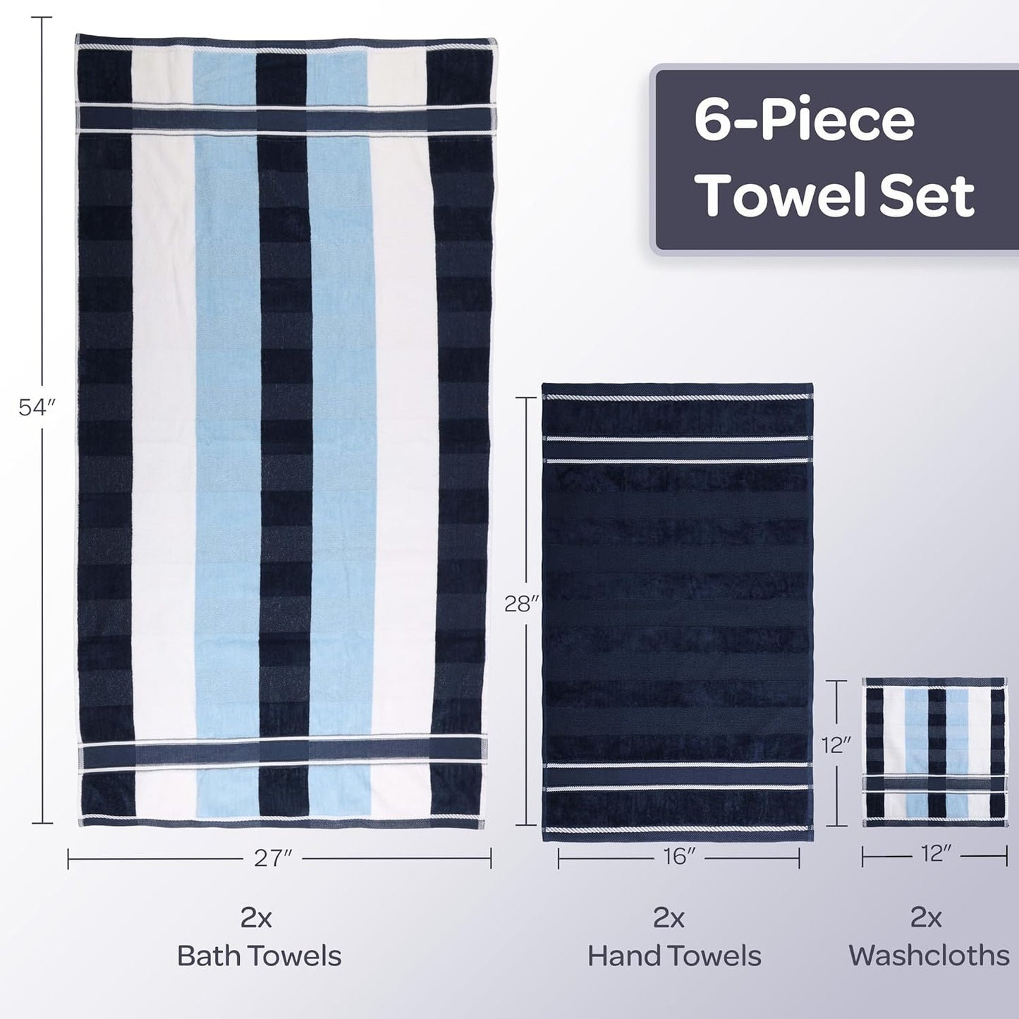 Lavish Home 6 Piece Bathroom Towels Set - 525 GSM 100% Cotton Bathroom Accessories - 2 Bath Sheets, 2 Hand Cloths , and 2 Wash Cloths - Soft Towel Set for Shower, Gym, Dorm, and Spa (Navy)