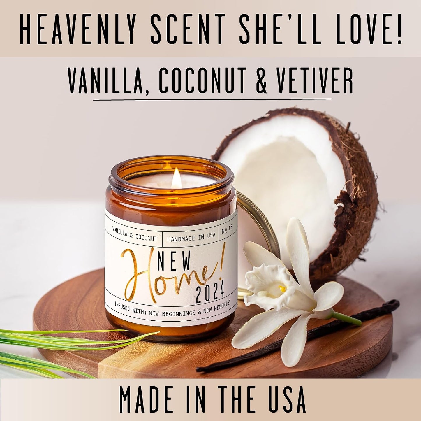 House Warming Gifts New Home, Housewarming Gifts New Home - 'New Home 2024' Soy Candle, w/Vanilla, Coconut & Vetiver I for New House, New Home Gifts I 9oz Jar, 50Hr Burn, Made in USA