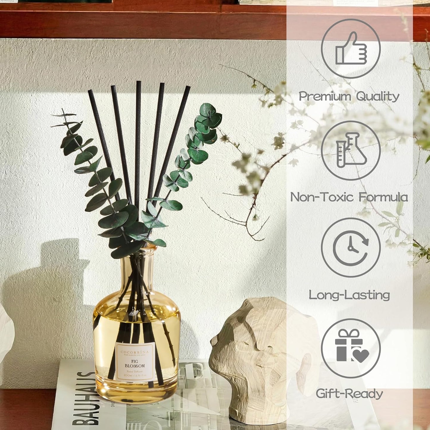 COCORRÍNA Fig Blossom Reed Diffuser – 6.76 oz Essential Oil with 8 Reeds & Real Eucalyptus Sticks, Home Fragrance for Bedroom or Bathroom Décor