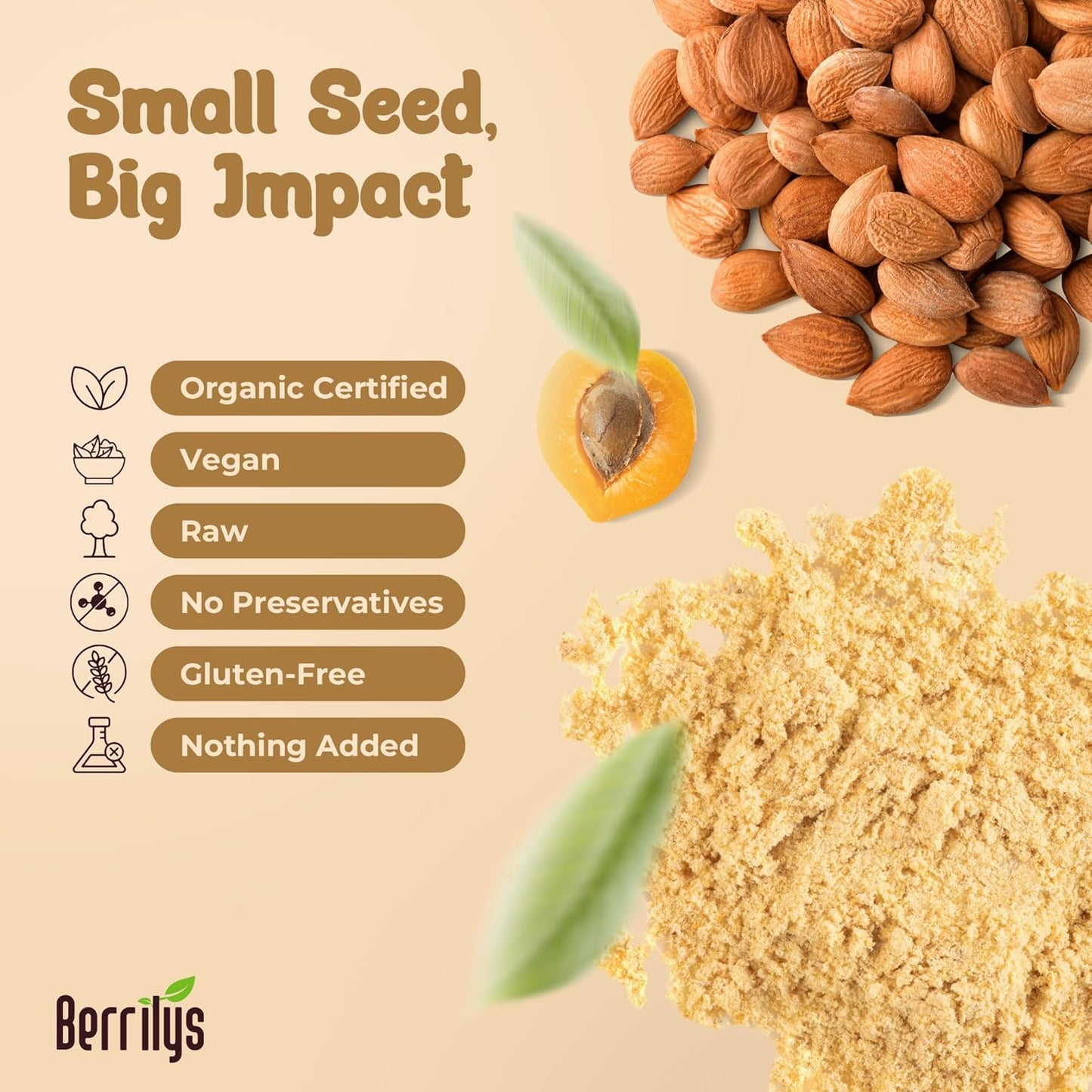Berrilys Organic Bitter Apricot Kernel Powder - Extract, Raw, Non-GMO and Vegan, 16 oz - High in Vitamin, Apricot pits, Kernels ideal for energy option, Natural Raw pits for Wellness Support