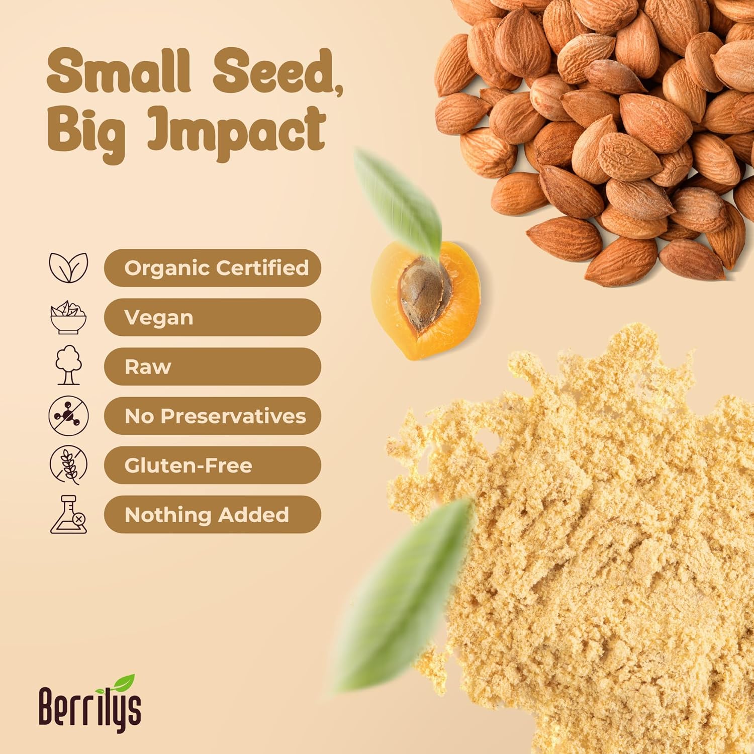 Berrilys Organic Bitter Apricot Kernel Powder - Extract, Raw, Non-GMO and Vegan, 16 oz - High in Vitamin, Apricot pits, Kernels ideal for energy option, Natural Raw pits for Wellness Support