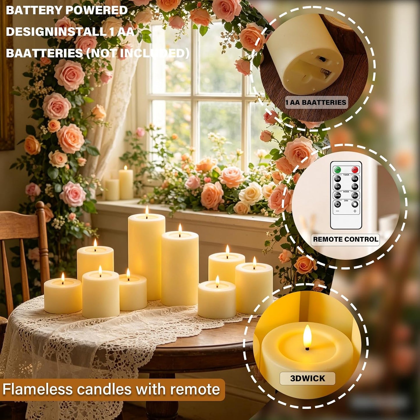 Sasigeiaa Flameless Candles with Remote - 9 Pack Battery Operated LED Fake Candles, Ivory (D3 x H3/4"/5"/6"/7" Assorted) for Festival, Home, Party Decor