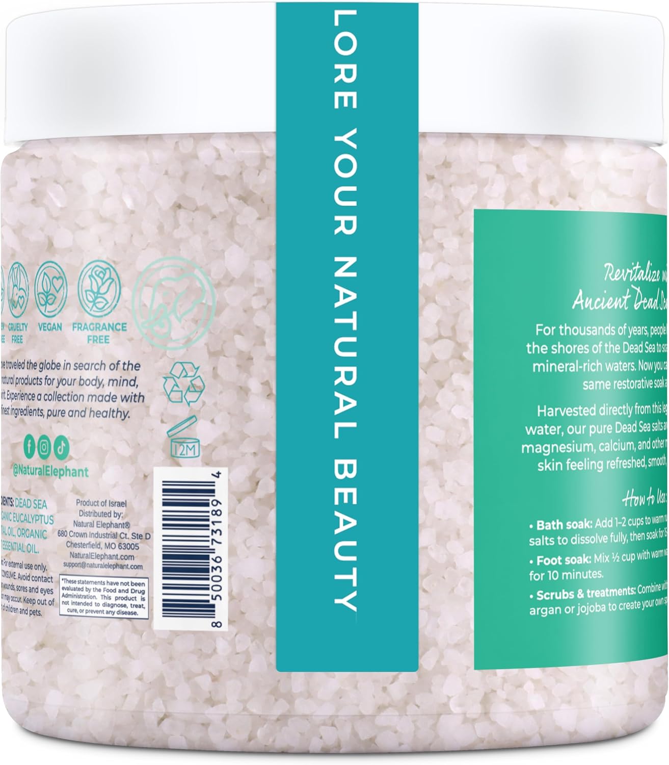 Natural Elephant Dead Sea Bath Salt Bathing and Foot Soak for Relaxing and Nourishing- 100% Pure with Essential Oil - Medium Coarse Grain (18 oz Jar, Eucalyptus Mint)