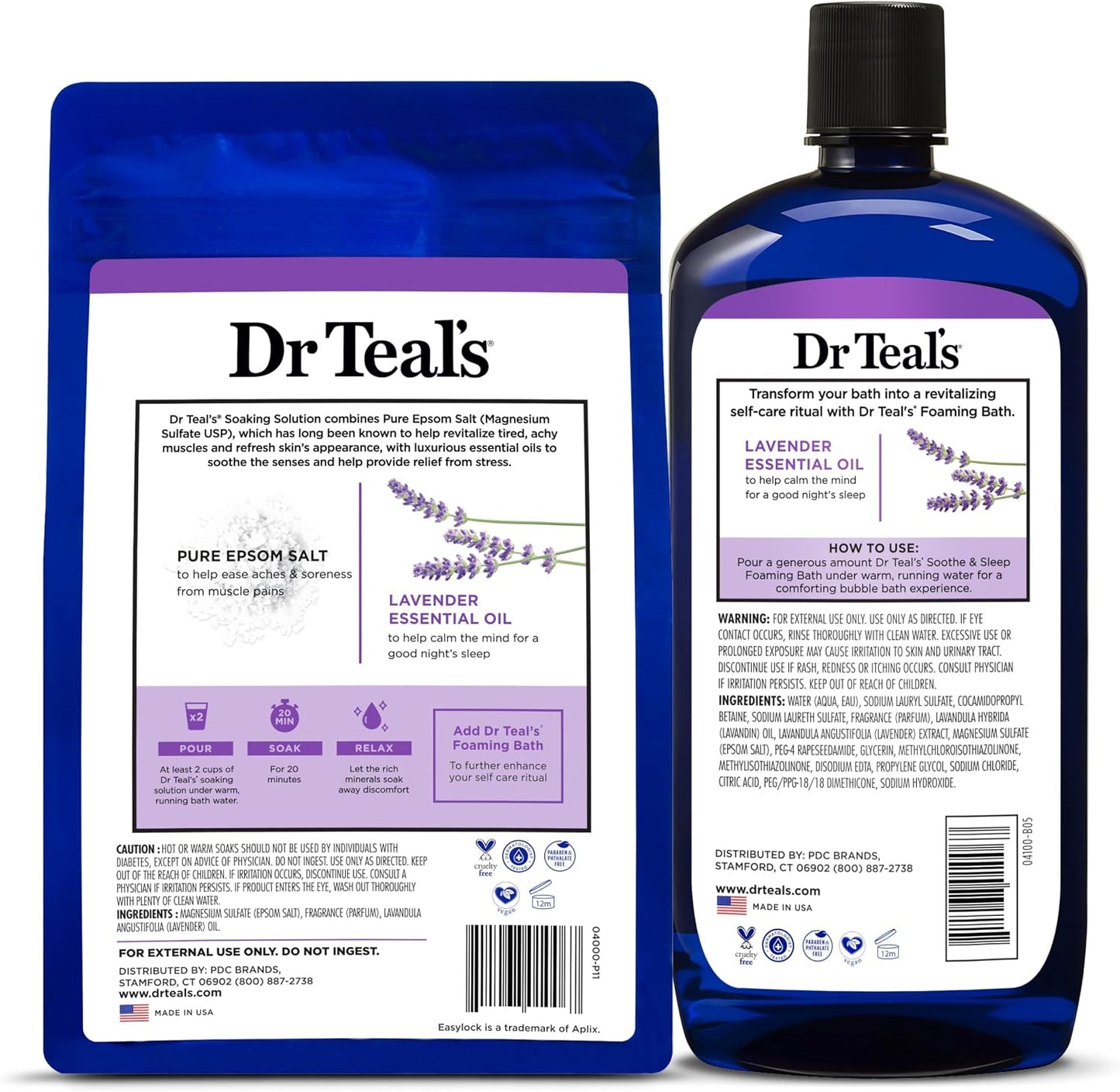Dr. Teal's Epsom Salt Soaking Solution and Foaming Bath with Pure Epsom Salt Combo Pack, Lavender