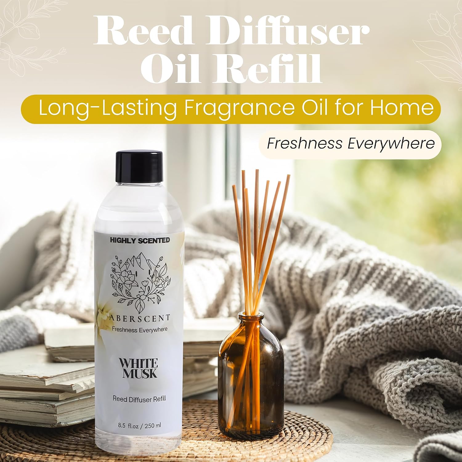 White Musk Aberscent Premium Reed Diffuser Oil Refill (8.5 Fl Oz/250ml) – Long-Lasting Fragrance Oil for Home, Office & Spa – Relaxing Scent, Luxury Hotel-Style Aroma