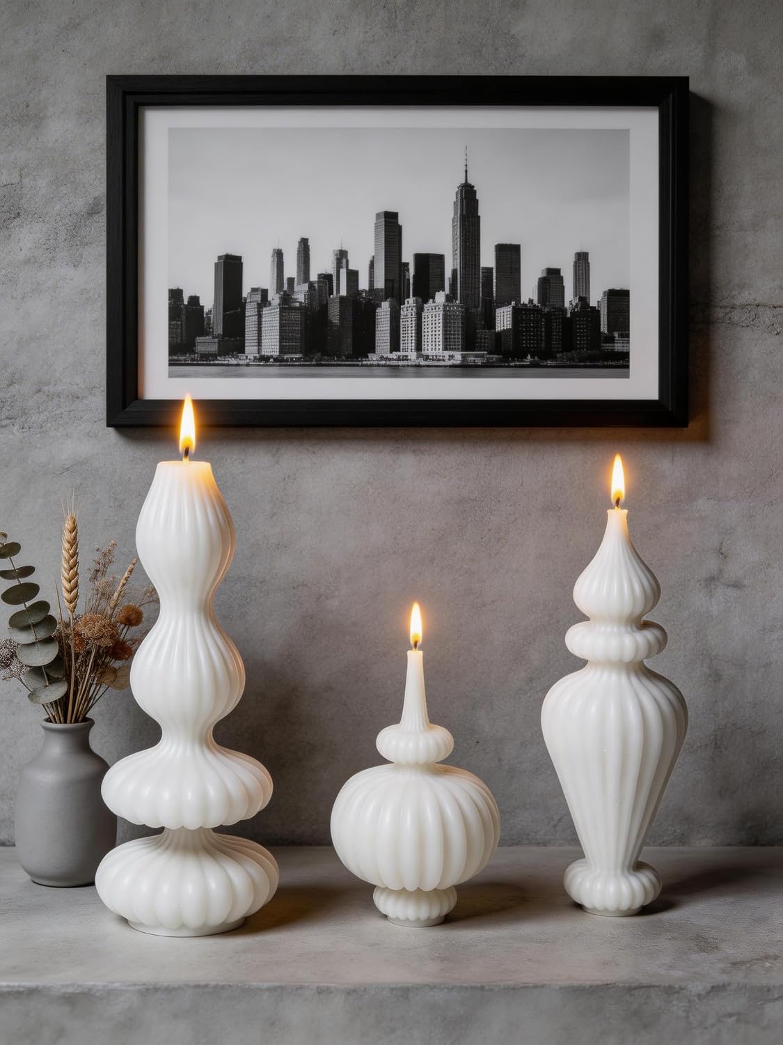 Ribbed Pillar Candles Set of 3，Modern Aesthetic Decorative Candle Set Cute Soy Wax Scented Ribbed Decor for Home Bathroom Living Room，White