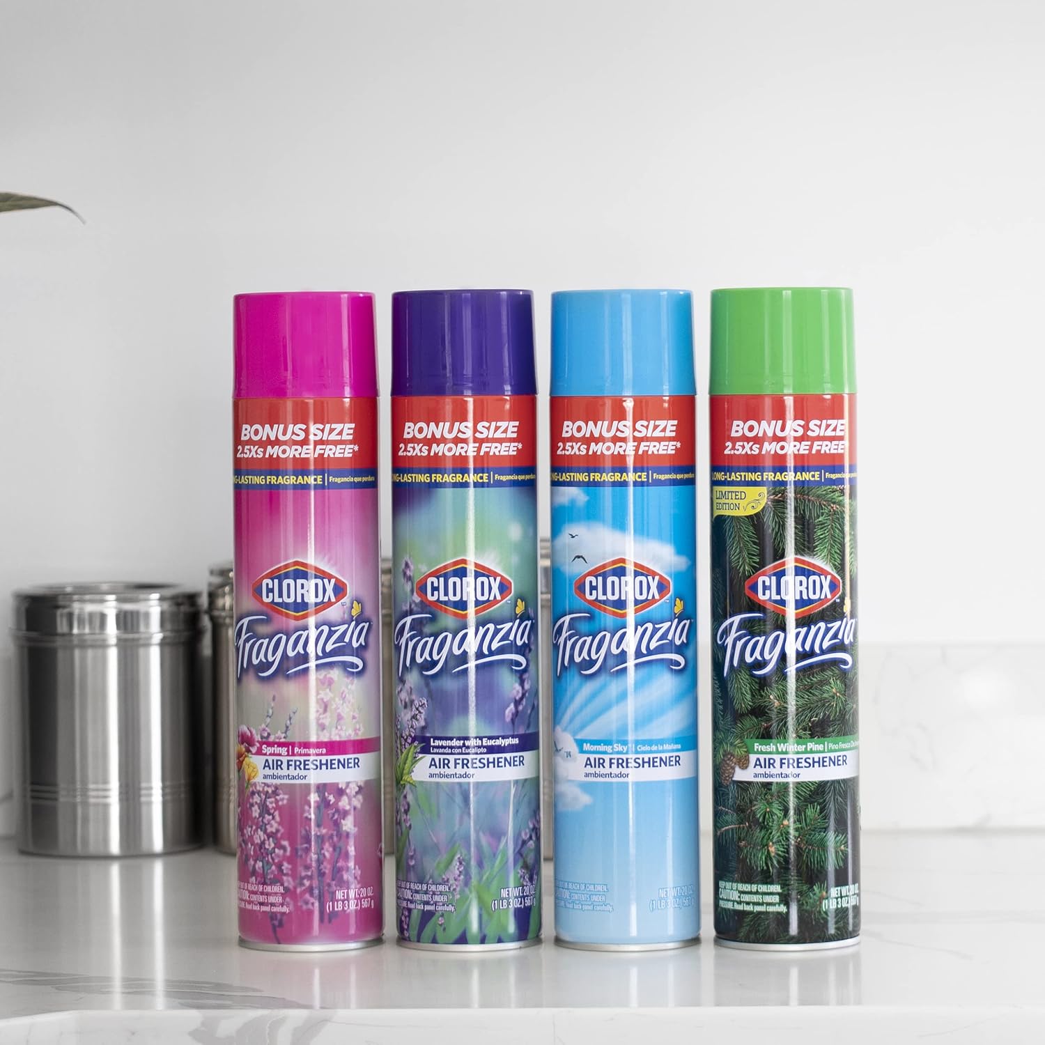 Clorox Fraganzia Aerosol Air Freshener in Lavender with Eucalyptus Scent | Long-Lasting Air Freshener Spray | 20 Oz Bonus Size | Room Air Freshener | Lavender Spray, Odor Eliminator (Pack of 2)