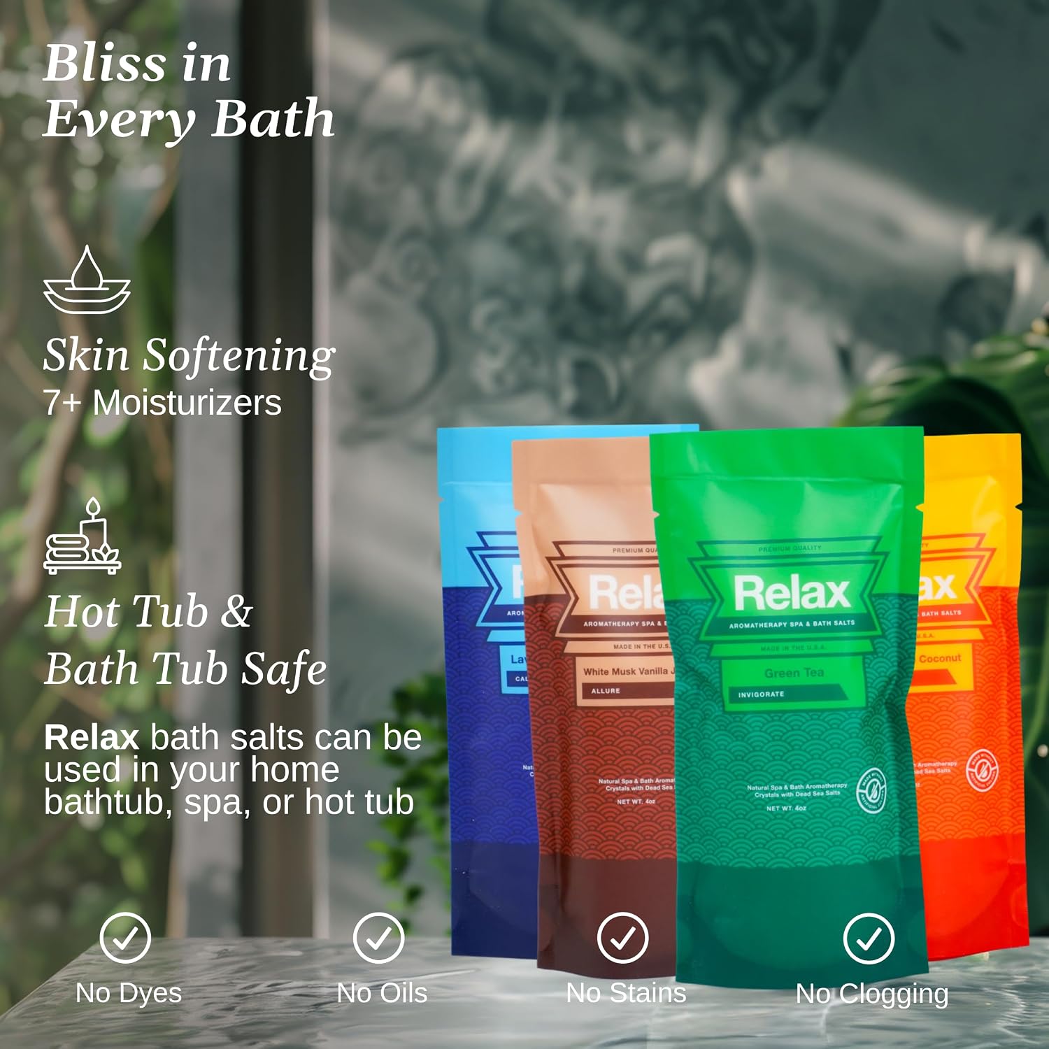 Relax Spa & Bath Aromatherapy Variety Pack Bath Salts for Hot Tub, Bath, or Spa, Four 4oz Bags Infused with Magnesium, Bath Salt for Soaking, Escape Line Scent