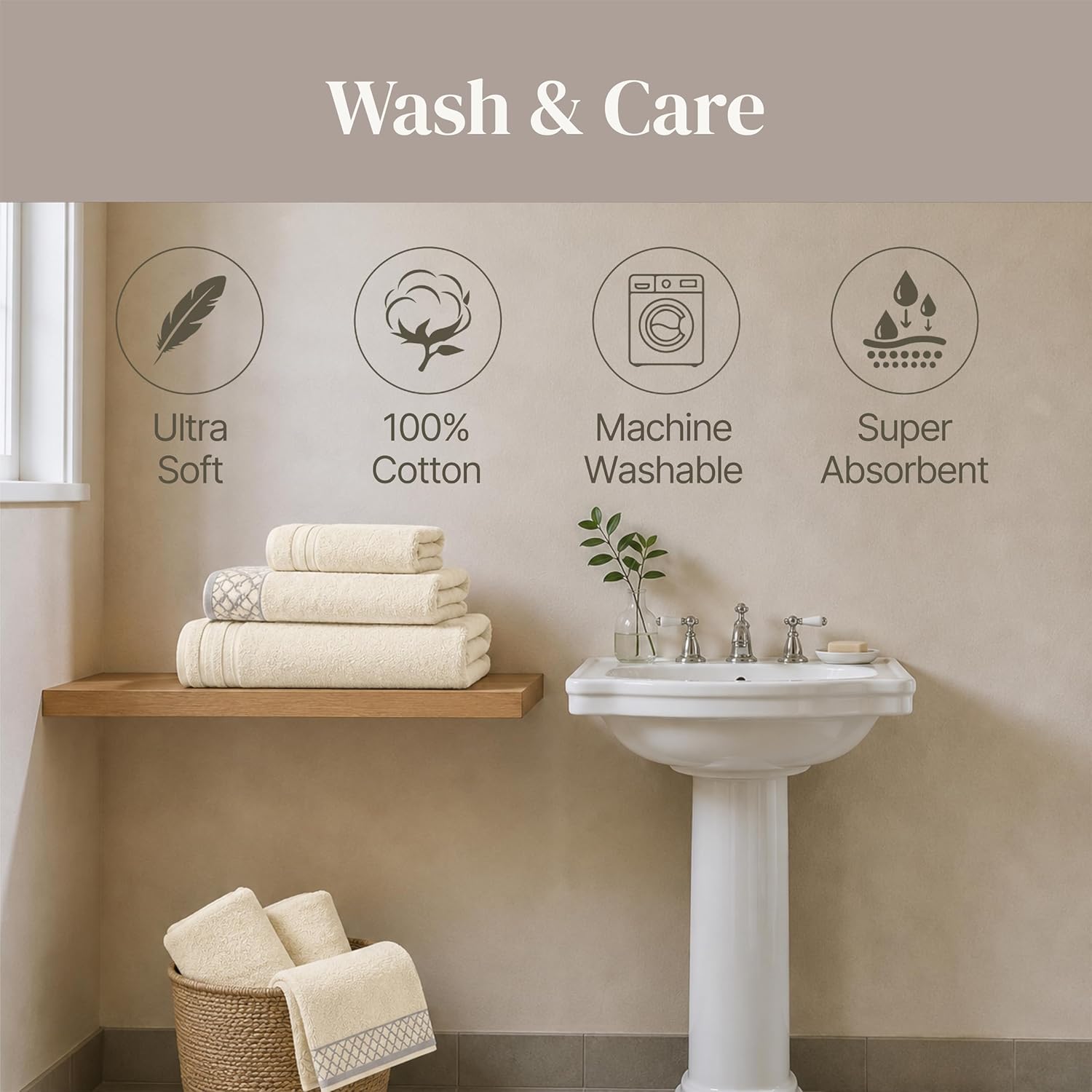 Modern Threads 6 Piece Cotton Bath Towel Set – Ultra Soft 550 GSM Towels – Bathroom Set with Hand Towels and Washcloths – Diamond Border (Ivory Cream)