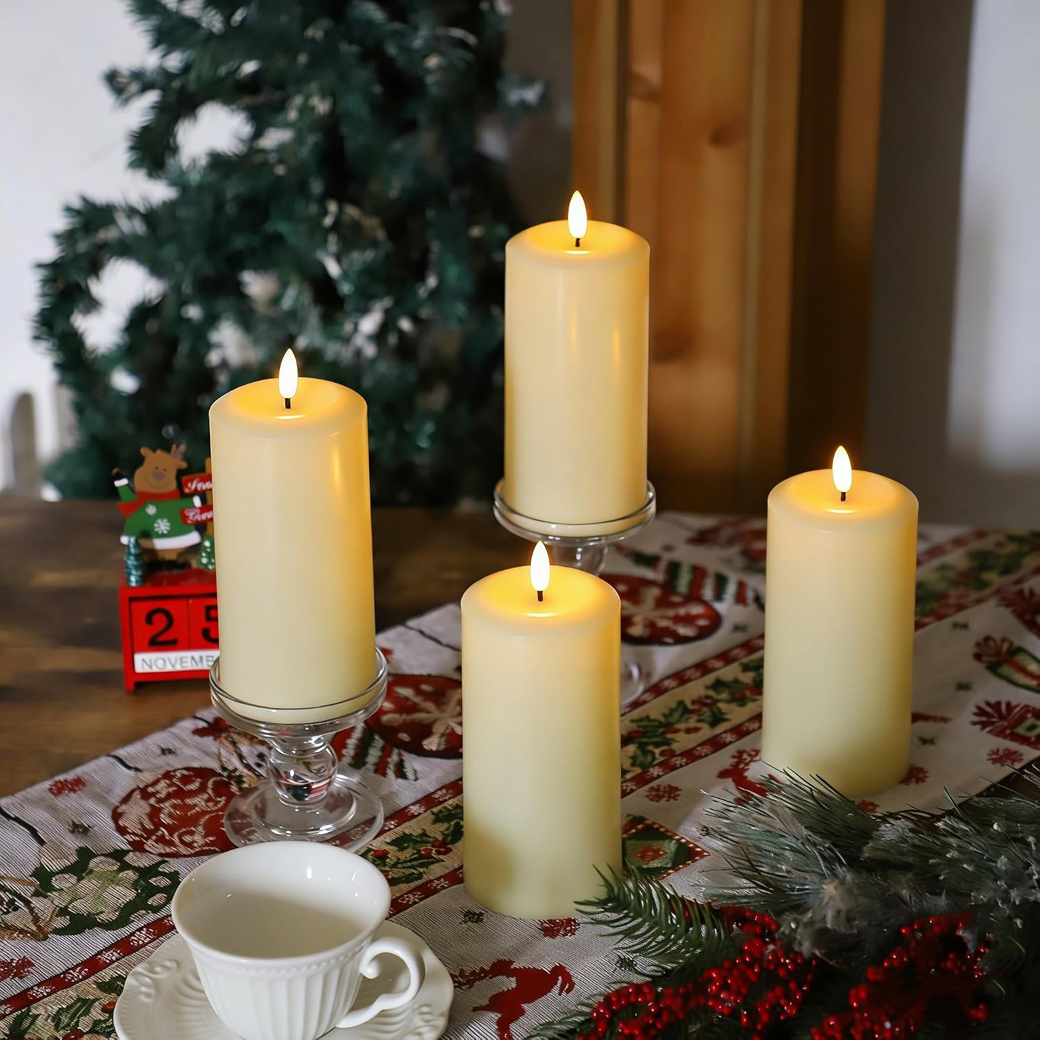 MUMCHASI 4 Packs Flameless Candles, Battery Operated Candles with Remote, Plastic LED Flickering Candles, Pillar Candles for Home Wedding Party Halloween Christmas D3 xH6 (Ivory)