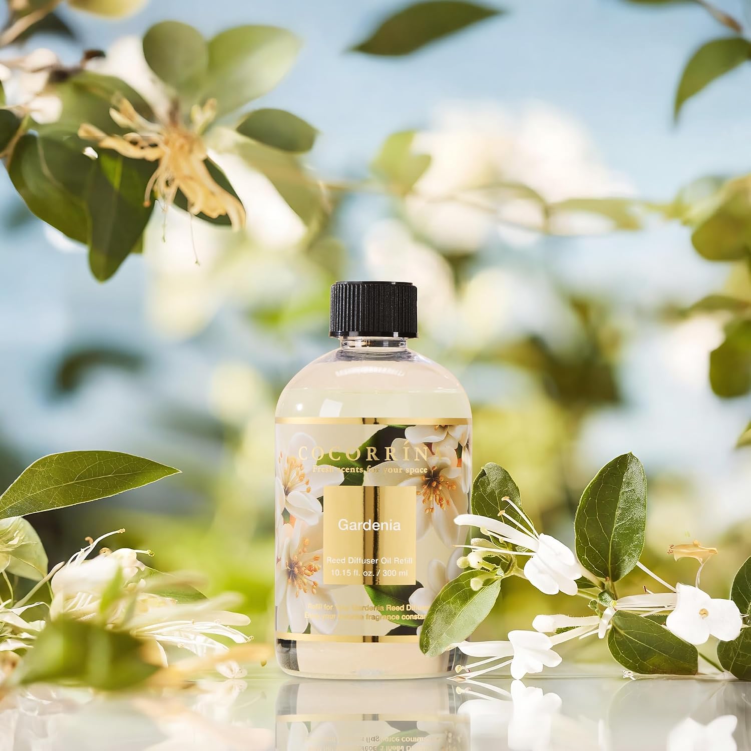 Cocorrína Reed Diffuser Refill Gardenia 10.2oz (300ml) with 8 Sticks - Premium Long-Lasting Floral Essential Oil, Home Fragrance for Bedroom, Bathroom Home Decor
