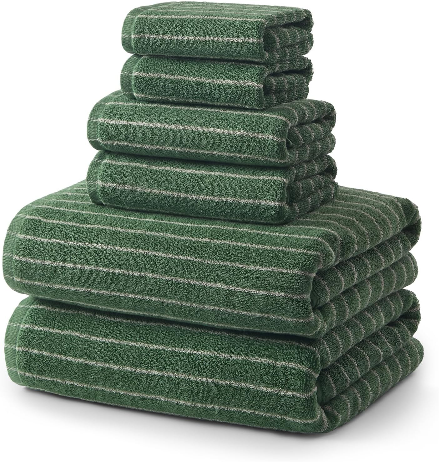 ecolook Premium Bath Towel Set of 6 Pieces – 100% Cotton, Super Absorbent & Quick Dry, Striped Towels for Bathroom, Spa & Swim – 2 Bath, 2 Hand, 2 Washcloths, Olive Green