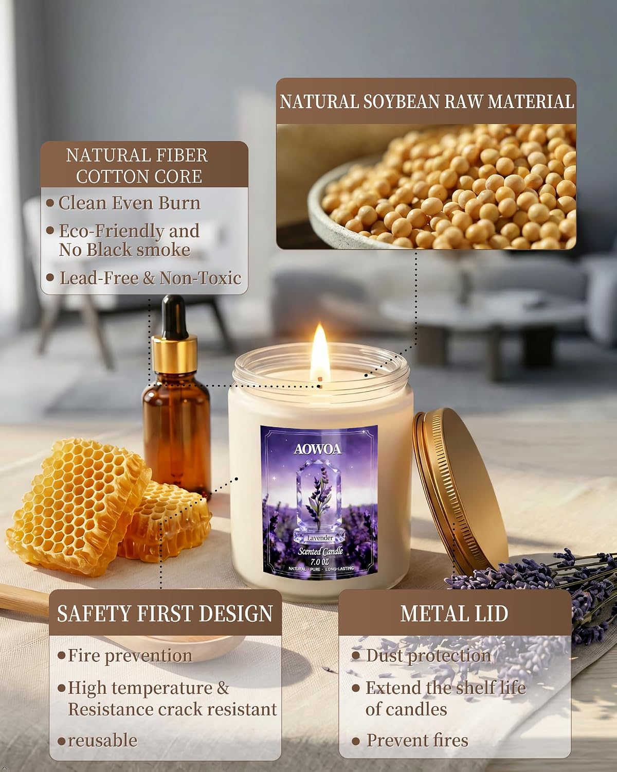 Lavender Scented Candles for Women -Aromatherapy Candle, Natural Soy Candles for Home Scented 7oz, Long Lasting Non-Toxic Clean Burning, Mom Birthday Candles Valentines Day Gifts