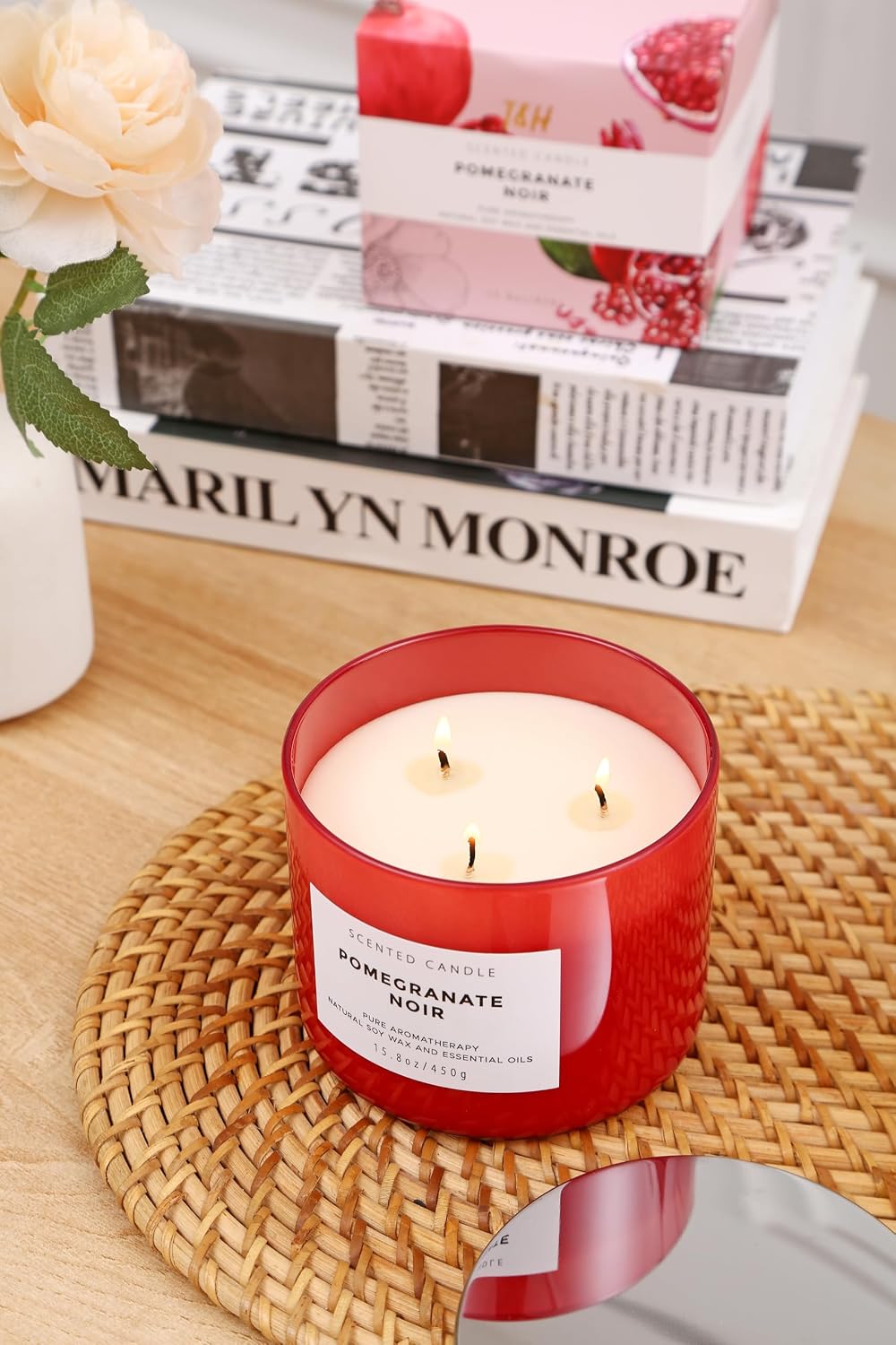 Pomegranate Noir Scented Soy Candle - Large 3-Wick Aromatherapy Candle for Home, 15.8oz - Sweet Fruity Vanilla Stress Relief Candle - Luxury Gift for Women & Men