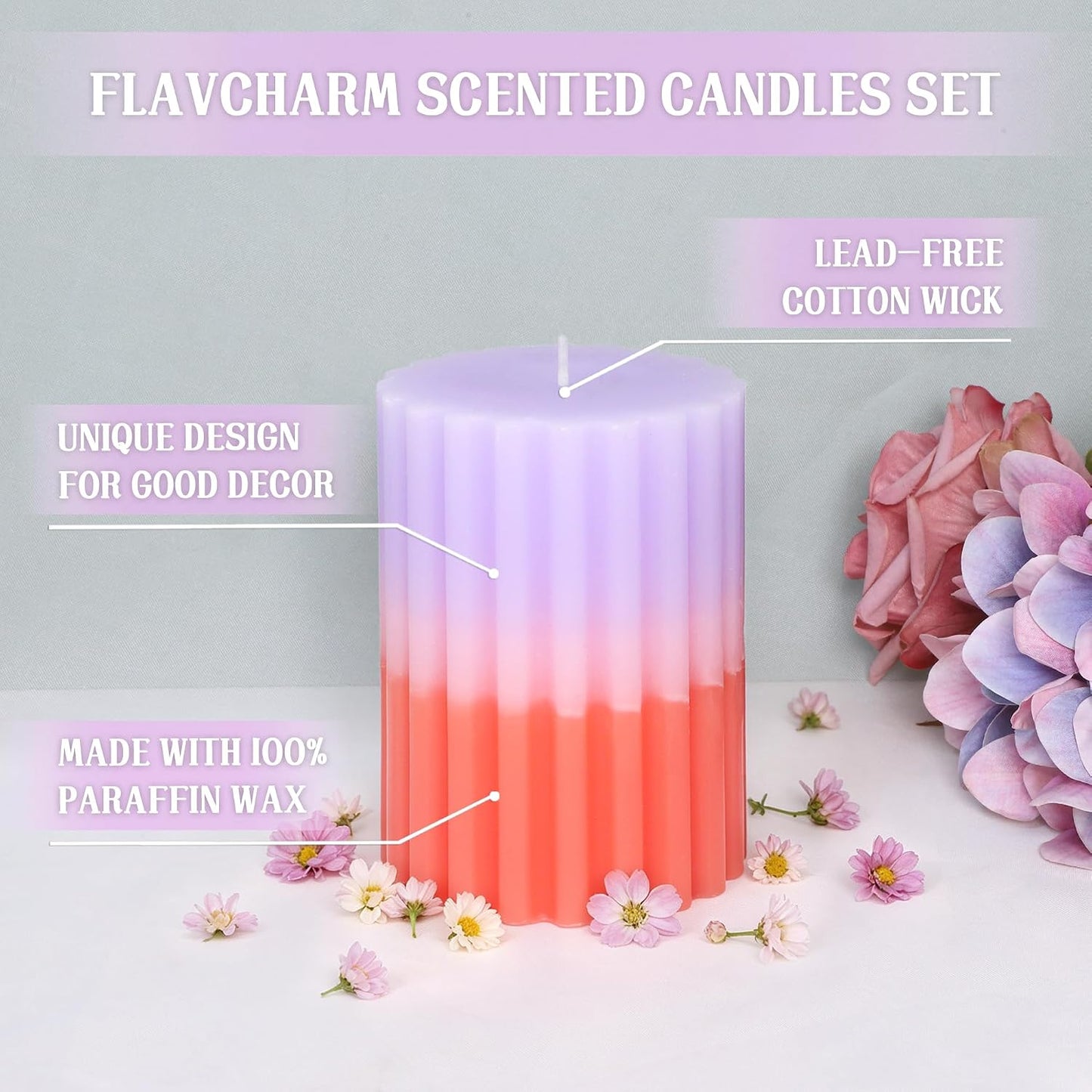 Ribbed Pillar Candles Purple Coral Gradient Vanilla Scented 3x4 Inch Candle Handmade Striped Aesthetic Retro Textured Pillar Candle for Boho Home Decor, Coffee Table, Weddings Party, 3-Pack