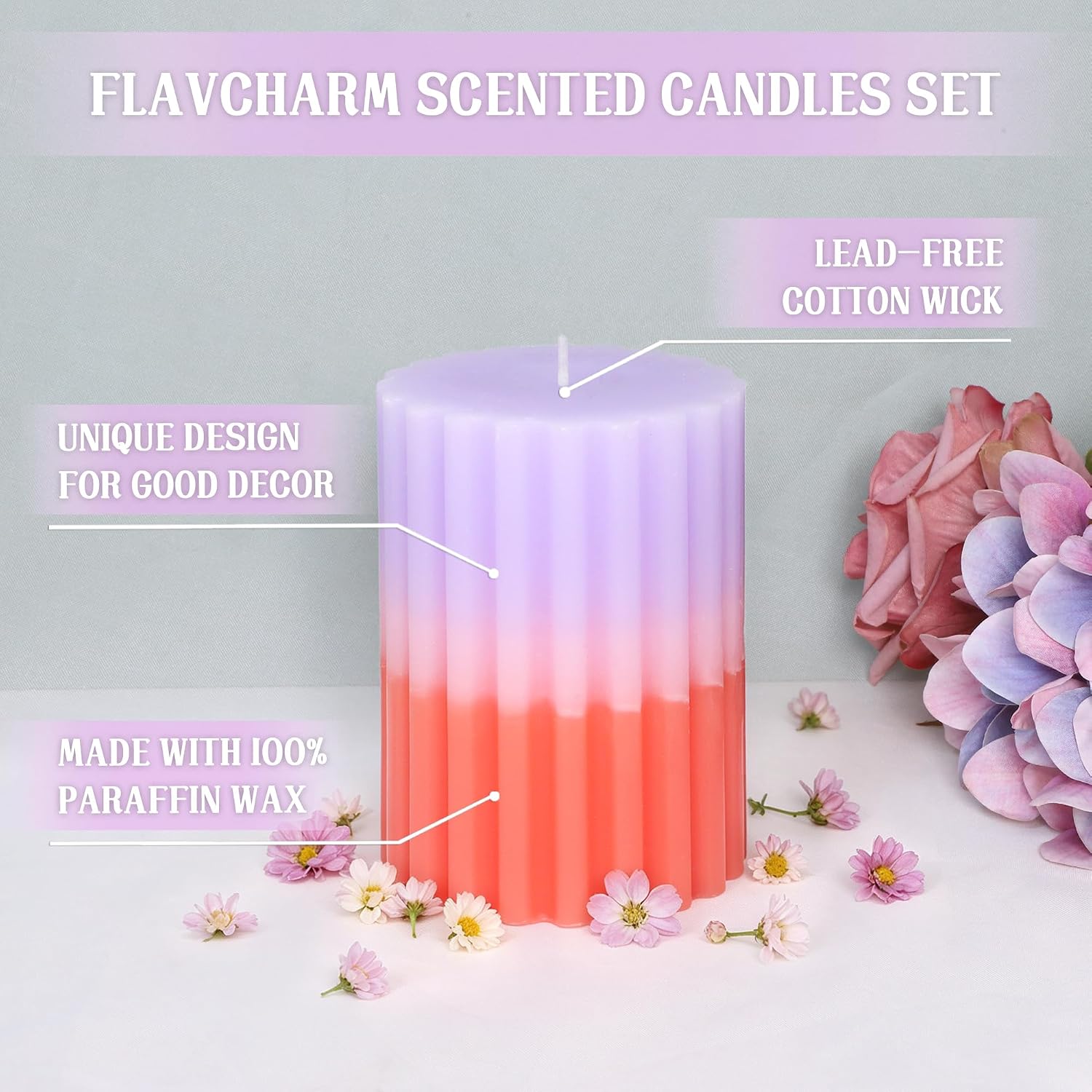 Ribbed Pillar Candles Purple Coral Gradient Vanilla Scented 3x4 Inch Candle Handmade Striped Aesthetic Retro Textured Pillar Candle for Boho Home Decor, Coffee Table, Weddings Party, 3-Pack