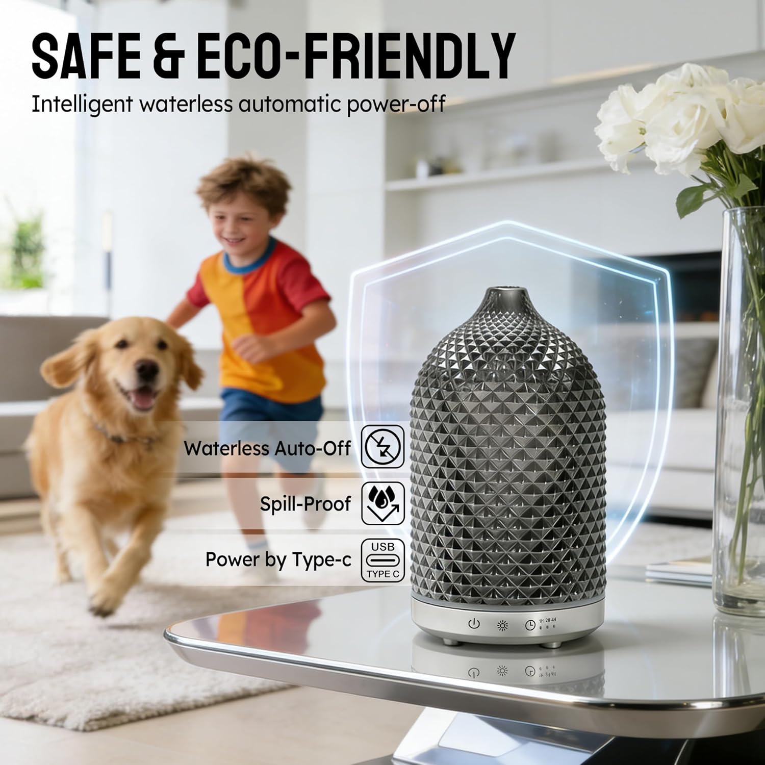 Essential Oil Diffuser 150ml, Glass Aromatherapy Diffuser with Ultrasonic Cool Mist, 7 Color LED Lights, 1/2/4H Timer, Quiet Auto Shut-Off Oil Diffuser for Bedroom, Home, Office (Silvery)