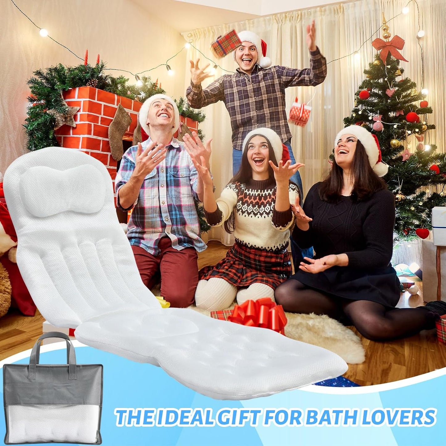 Full Body Bath Pillow for Bathtub, Thick Bathtub Cushion for Soaking Tub with Suction Cups Ergonomic Luxury 3D Mesh Spa Bath Mat with Laundry Bag and Scraper for Neck and Back, 51"x15", White