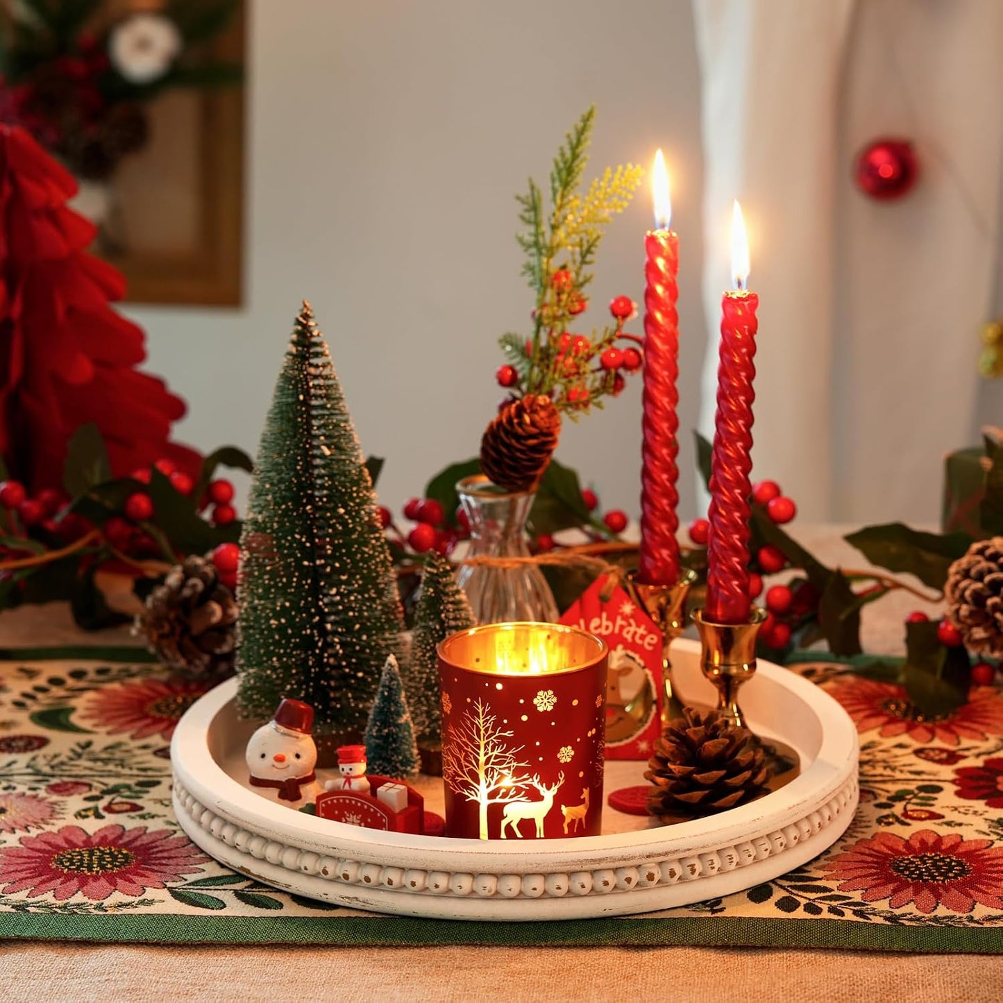Farmhouse Wood Tray Candle Holder - Romadedi Bead Round Wooden Decorative Tray for Coffee Table Decor Serving Trays Kitchen Counter Rustic Centerpiece for Living Room Home Organizer, White Washed