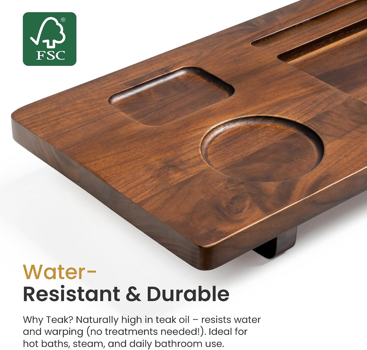 Teak Bathtub Tray for Freestanding Tubs - 35" Heavy-Duty Luxury Bath Caddy, Non-Slip Zero-Wobble Design, Water-Resistant Spa Organizer with Wine Glass & Phone Holder