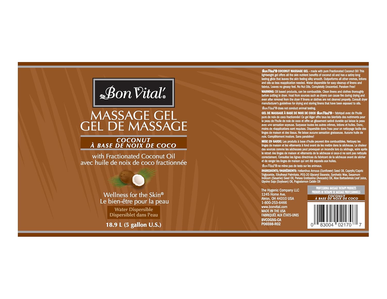 Bon Vital' Coconut Massage Gel, 5 Gallon, Lightweight Formula with Pure Fractionated Coconut Oil, Professional Therapy Lotion, Hydrating and Unscented