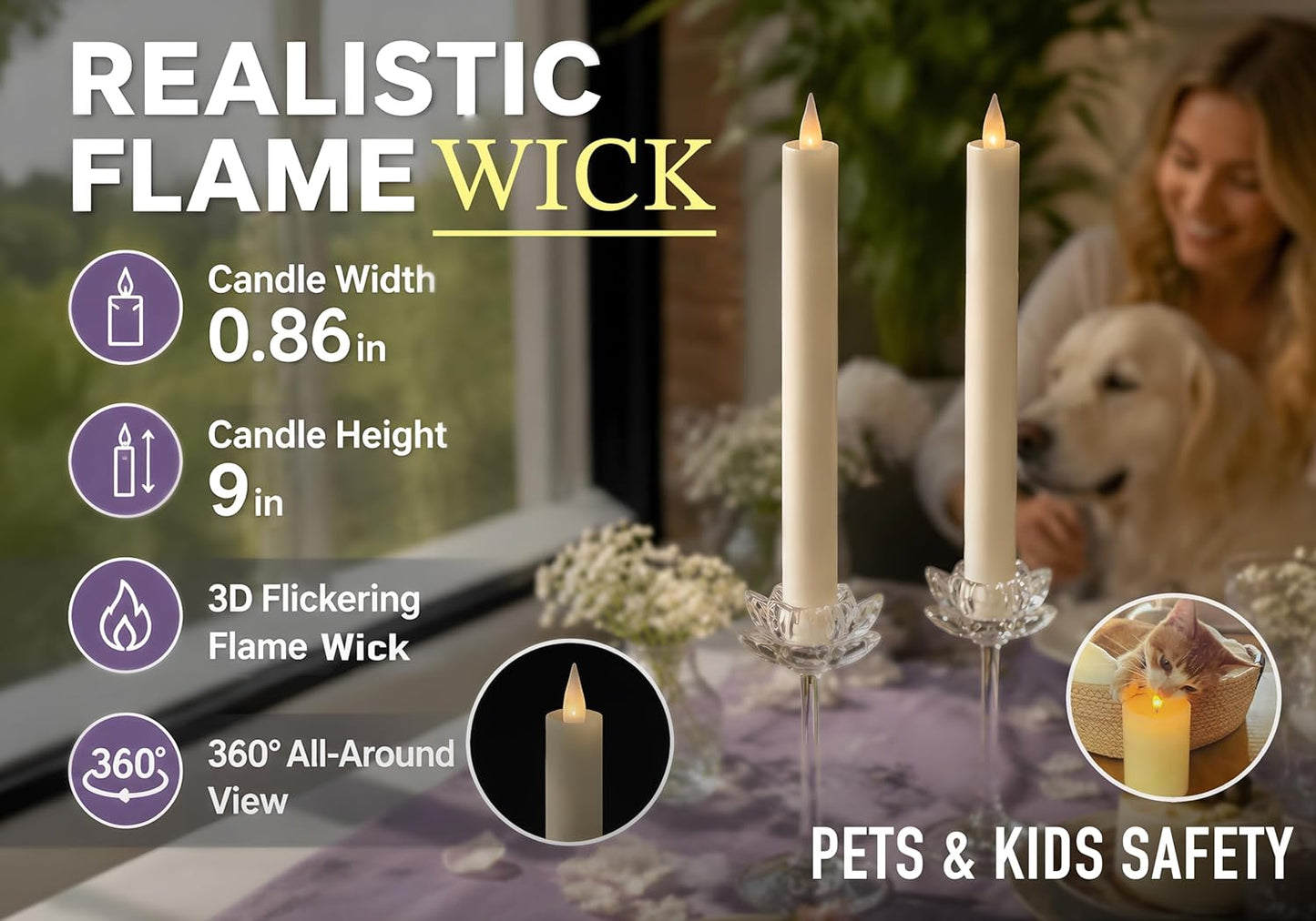 Flameless Taper Candles Flickering with Remote and Timer, 3D Moving Flame Taper Candle Battery Operated to 400 Hours, 9 Inch Window Candles, (Ivory)