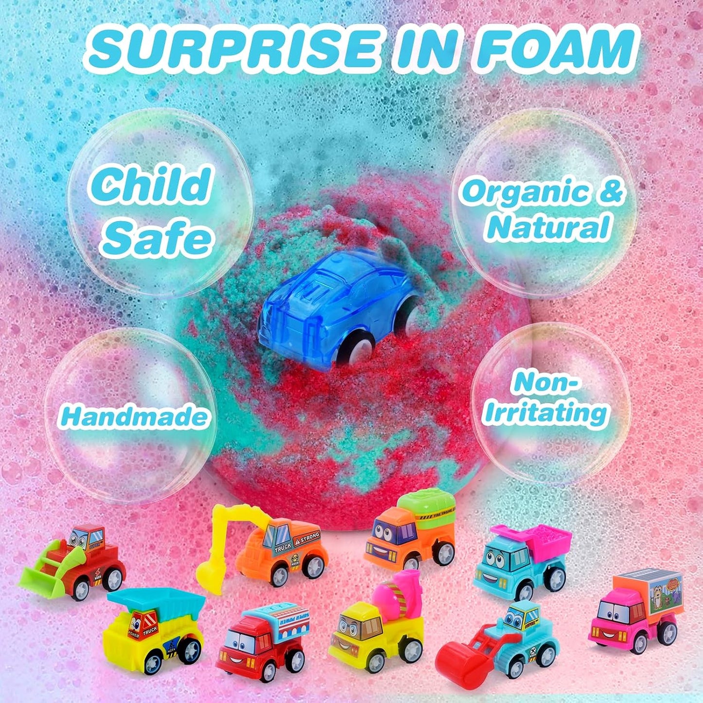 Bath Bombs for Kids with Surprise Toys Inside, 6 Pack Bath Bombs Gift Set with Pull-Back Vehicles Cars, Fun and Bright Colors Bubble Set, Car Bath Toys for Boys Girls Birthday, Christmas