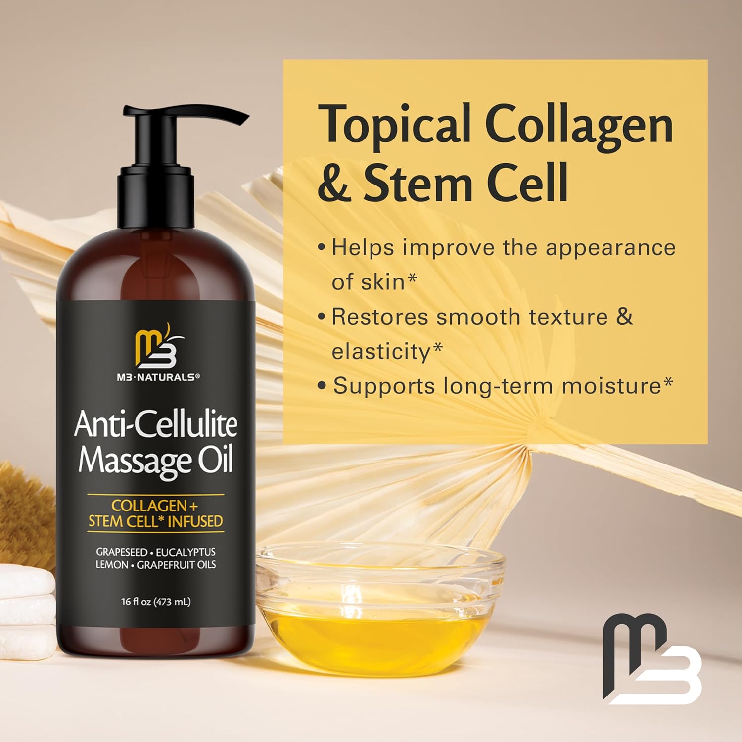 Firming Body Massage Oil with Collagen & Stem Cell – Helps Smooth The Appearance of Cellulite & Improve Skin Texture – Refreshing Aromatherapy Body Oil for Legs & Full Body – 16 Fl Oz