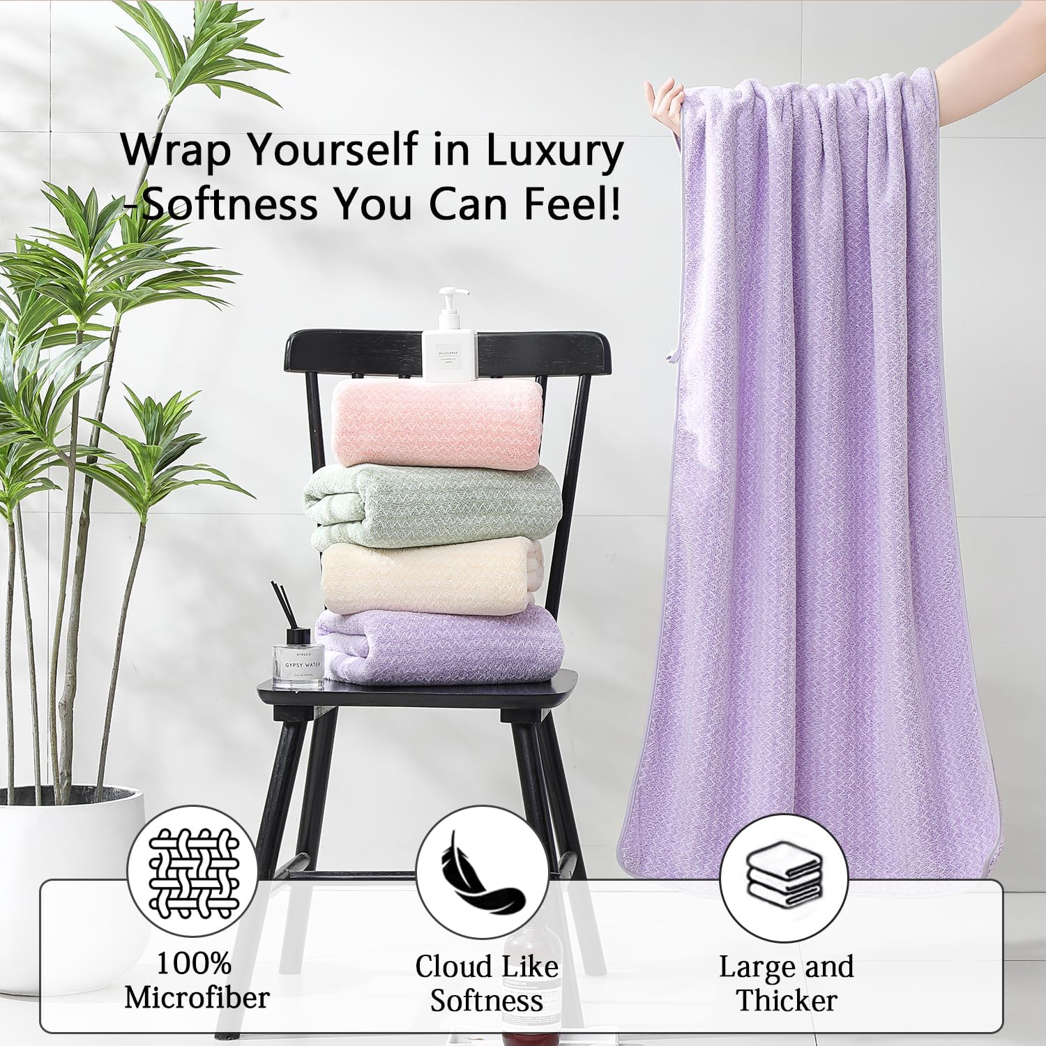 18 Piece Bath Towels Set,100% Microfiber Family Bathroom Towel with Hanging Loops-6 Bath Towels,6 Hand Towels,6 Washcloths,Quick Dry Highly Absorbent Shower Towel for Bathroom,Hotel,Spa-Light Purple