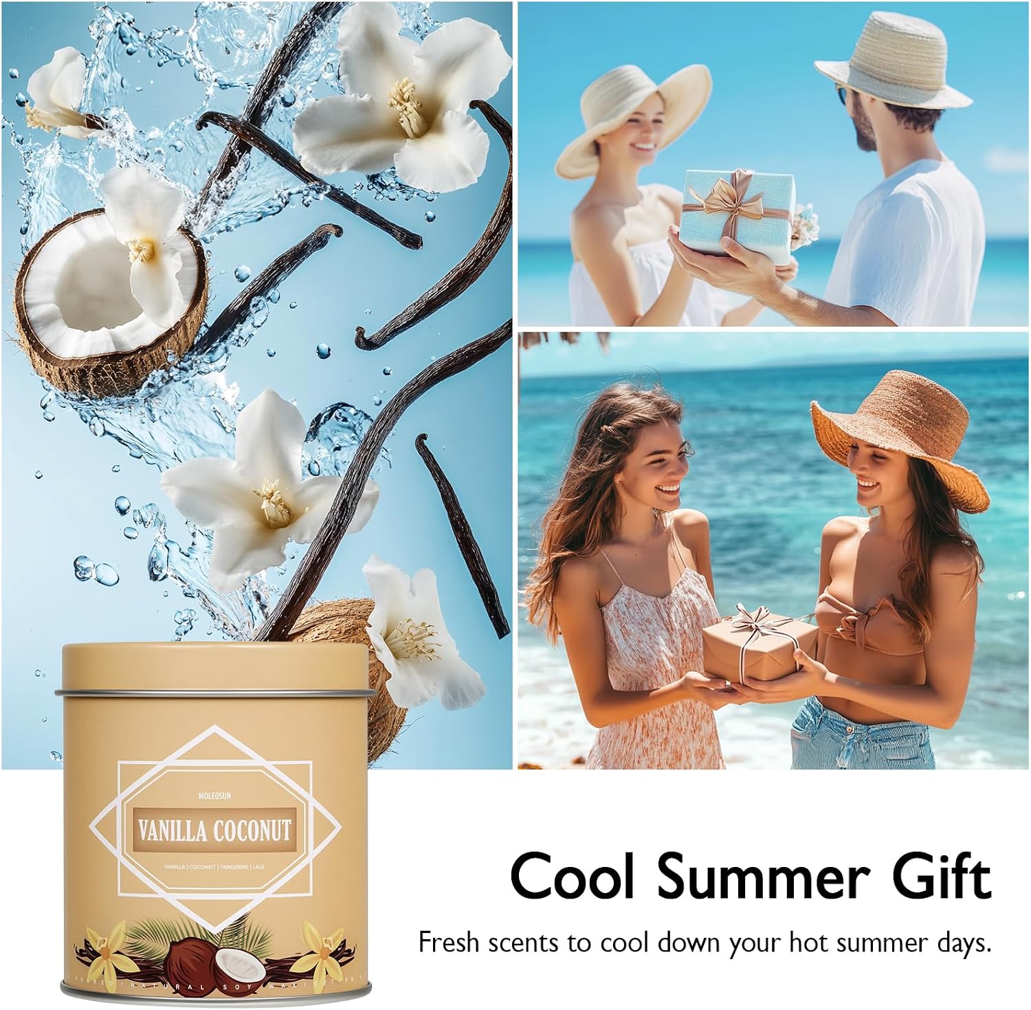 Vanilla Coconut Candle, Candles for Home Scented, 9 oz Soy Wax Candle Gift for Women Men, Aromatherapy Tin Jar Candle