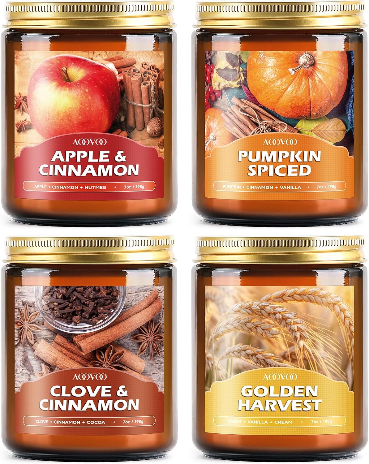 AOOVOO Fall Candles Set - 4 Pack Candles for Home Scented, 28 oz Natural Soy Wax 200 Hour Long Lasting, Autumn Gifts Set for Women Men Fall Fragrance of Pumpkin/Apple Cinnamon/Clove/Wheat Vanilla
