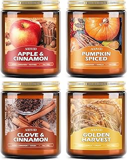 AOOVOO Fall Candles Set - 4 Pack Candles for Home Scented, 28 oz Natural Soy Wax 200 Hour Long Lasting, Autumn Gifts Set for Women Men Fall Fragrance of Pumpkin/Apple Cinnamon/Clove/Wheat Vanilla