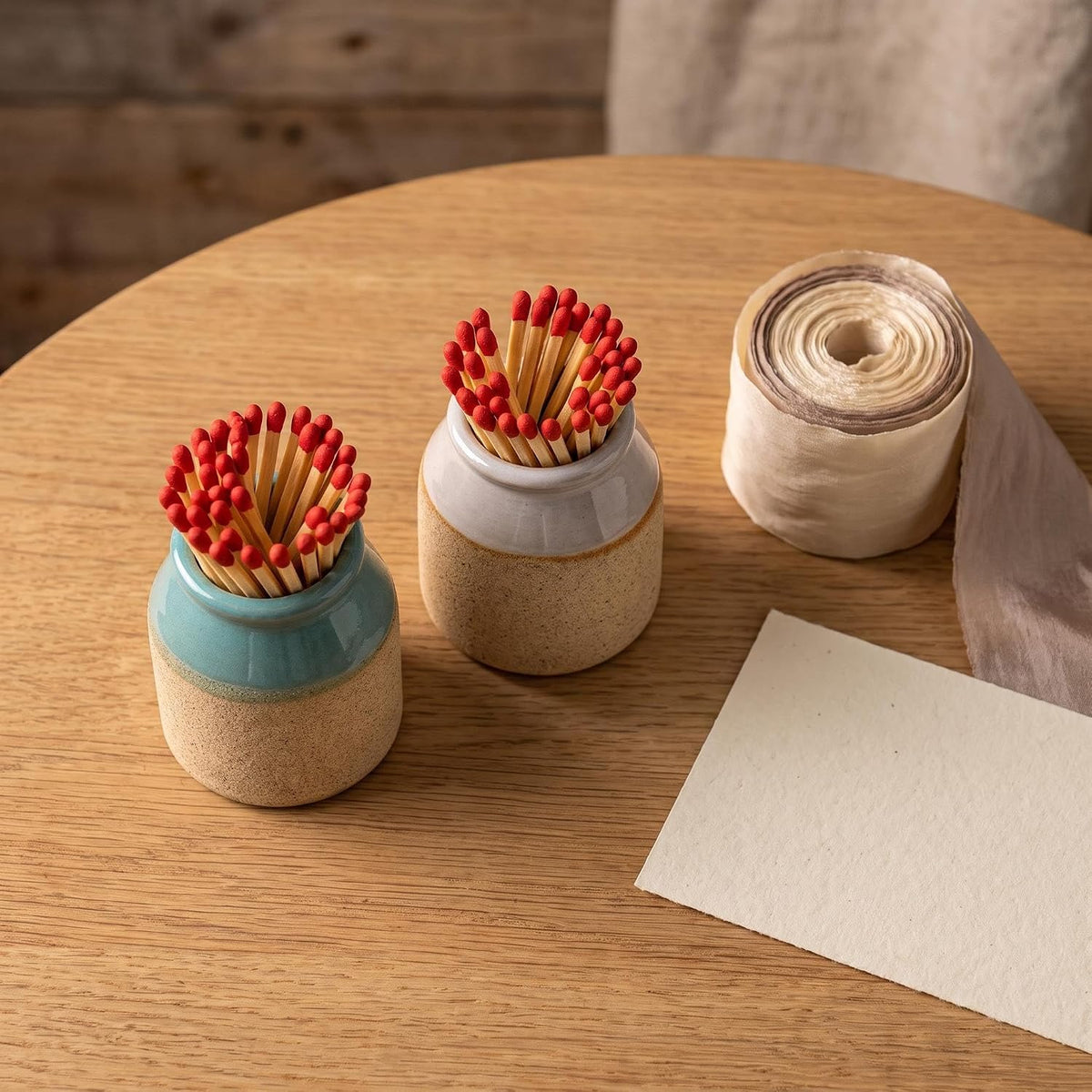 2 Pack Ceramic Match Holder with Striker Base Small Toothpick Qtip Jar Set