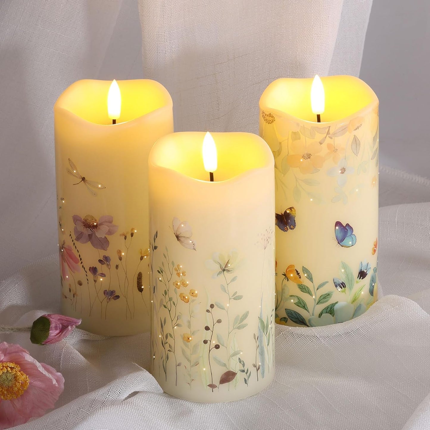 Eywamage Fiber Optic Flameless Pillar Candles with Remote Set of 3, Butterfly Floral Summer LED Candles Home Decor Φ 3" H 6"